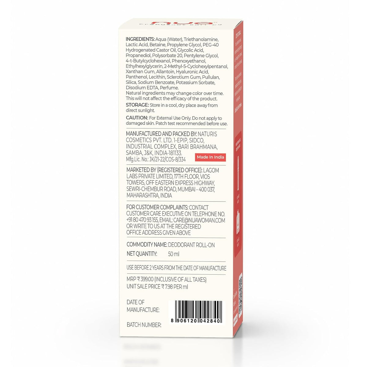 Nua Deodorant Roll-On (Rose & Raspberry) | Skin-safe | Protects Skin Barrier | Prevents Odour | No Aluminium No Pthalates | 50 ml