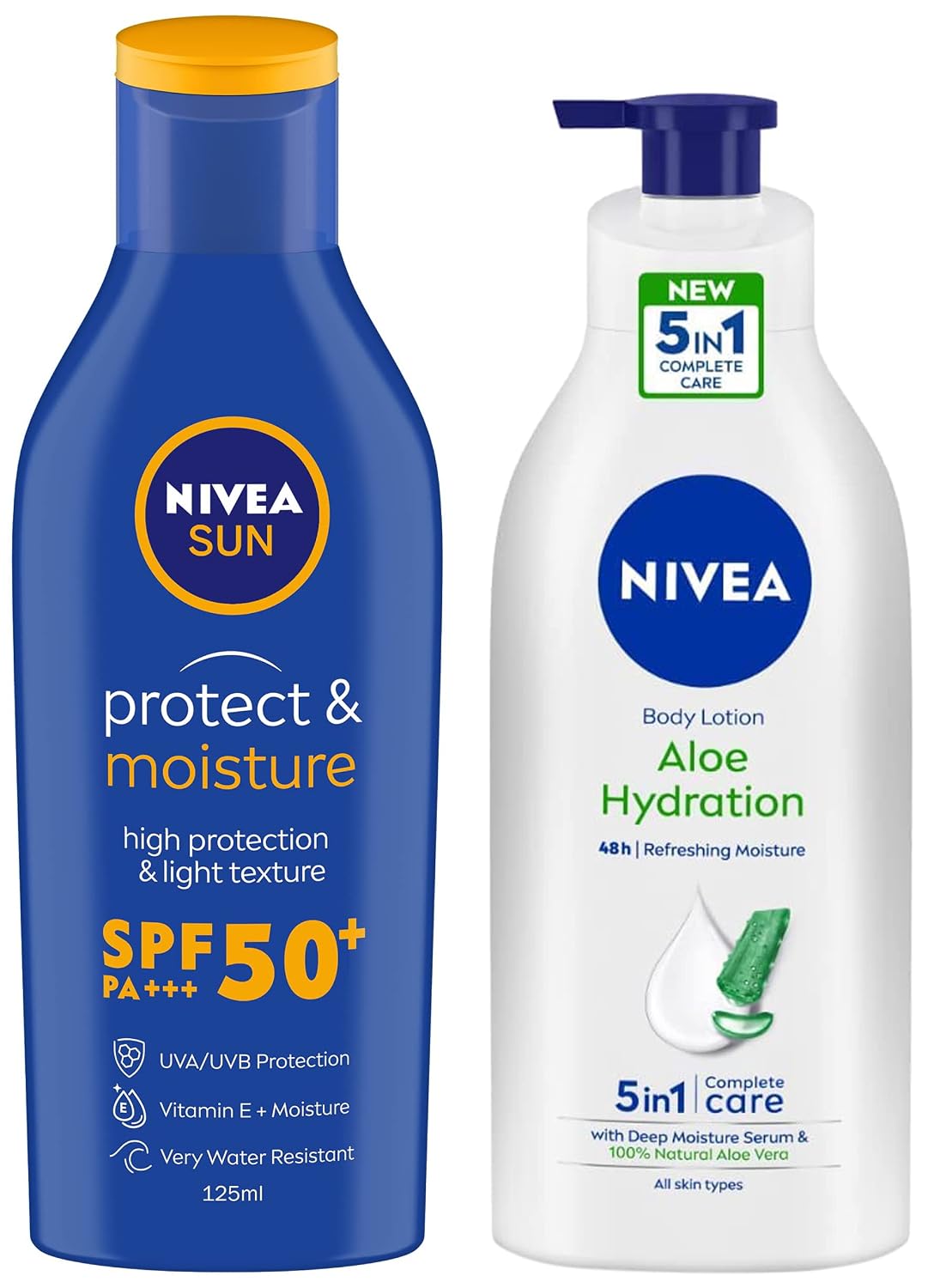 NIVEA Body Lotion, Aloe Hydration, with Aloe Vera for Instant Hydration in Summer, 600 ml & NIVEA Sun Lotion, SPF 50, with UVA & UVB Protection, Water Resistant Sunscreen for Men & Women, 125 ml