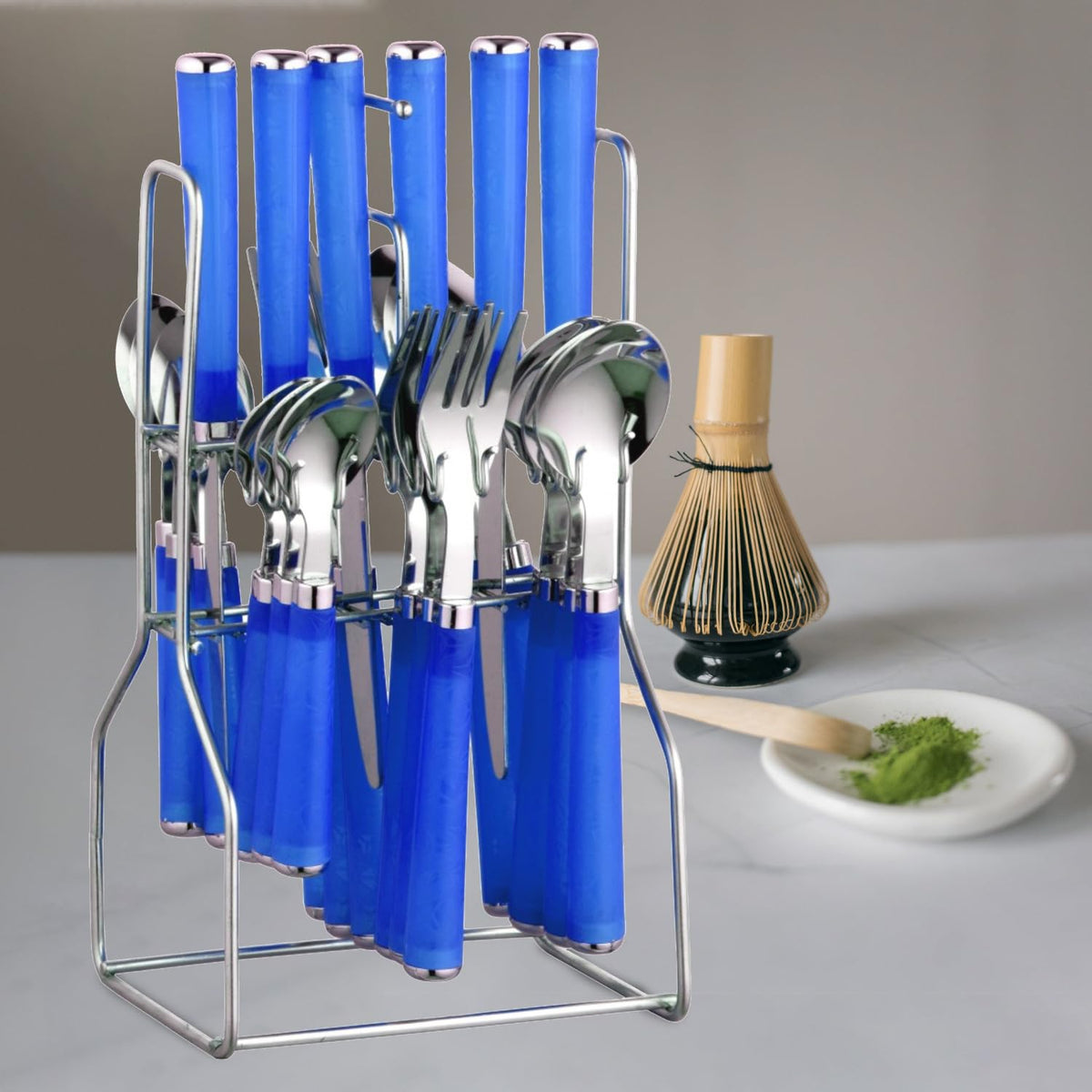 Parage Zolta Stainless Steel Cutlery Set- Set of 25 (Contains: 6 Table Spoons, 6 Forks, 6 Tea Spoons, 6 Knives, 1 Stand), Spoon Set, Cutlery Set for Dining Table Stylish (Blue)
