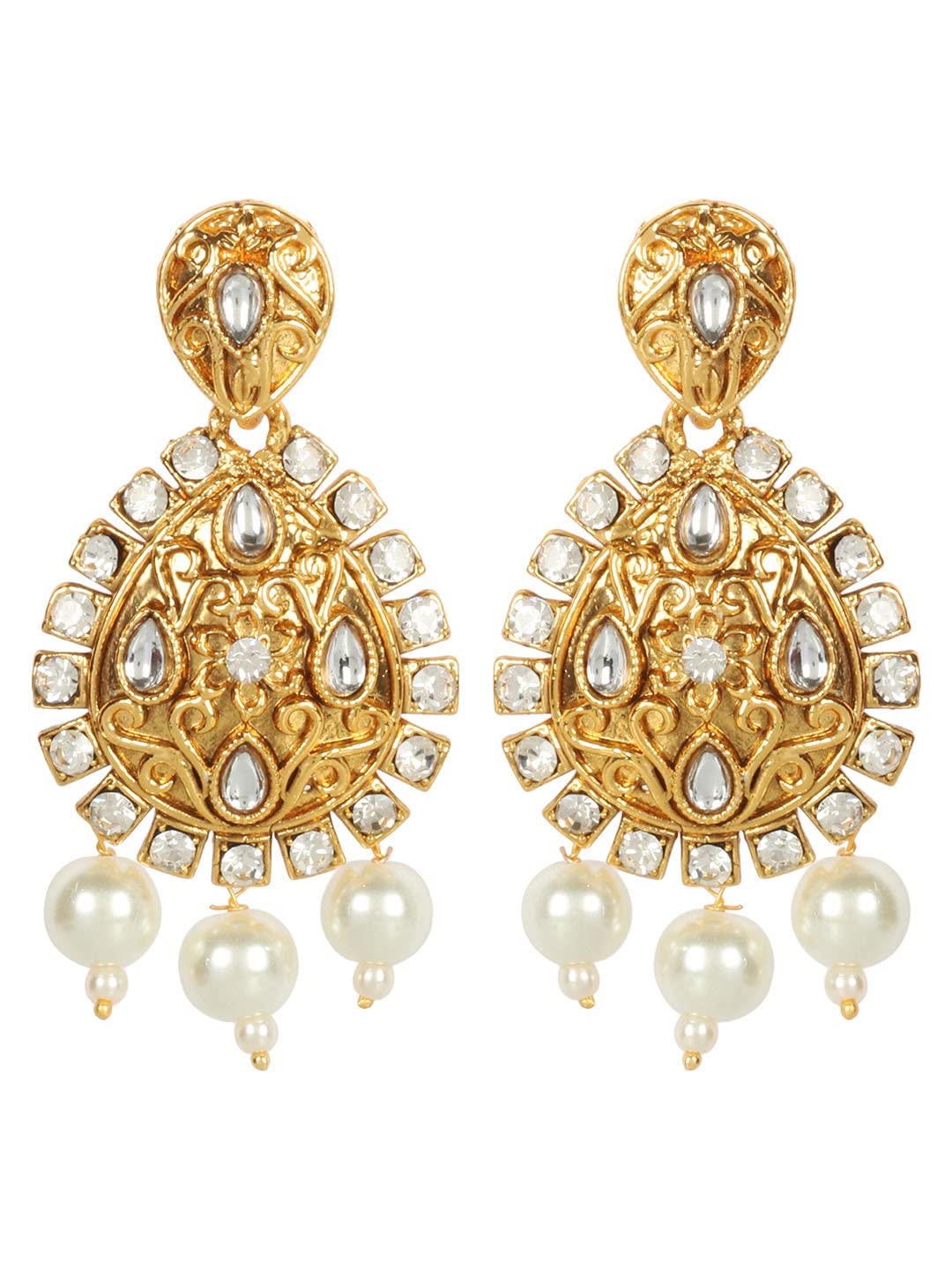 Priyaasi Gold-Plated AD & Kundan Studded Floral Pattern Teardrop Shaped Earrings