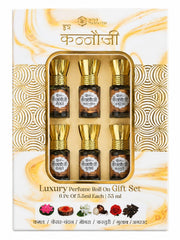 Parag Fragrances Kannauji Gift Set 6pc of 6ml Each/Gulab, Kesar-Chandan, Mogra, Agar oud, Kamal & Kasturi / 100% Alcohol Free & Natural Fragrance/Long Lasting for Pooja & Personal Use