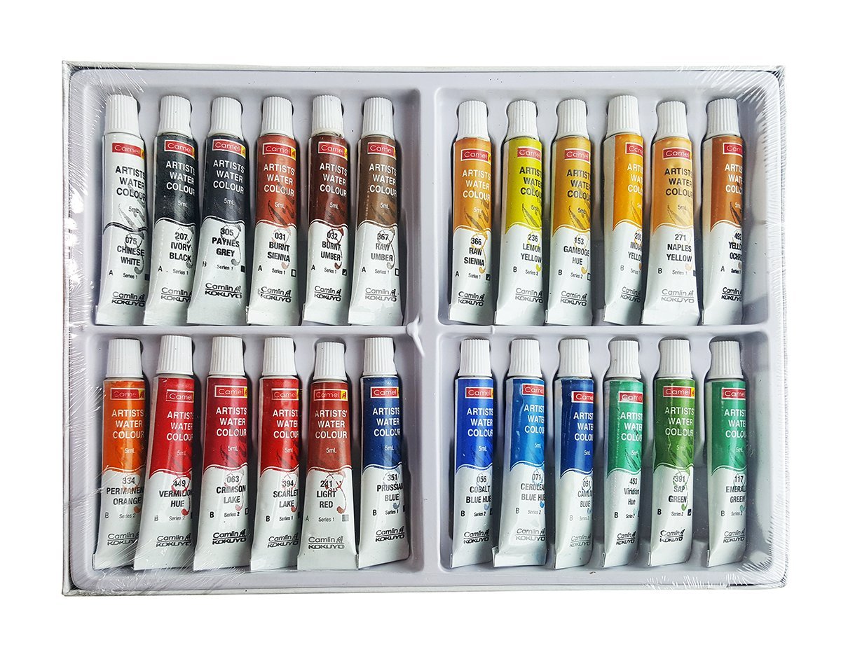 Camel Camlin Kokuyo 1304190 Artist 5ml Water Color Tube - 24 Shades (Multicolor) Artist Water Colour Cake Set - Pack of 24 (Blue)