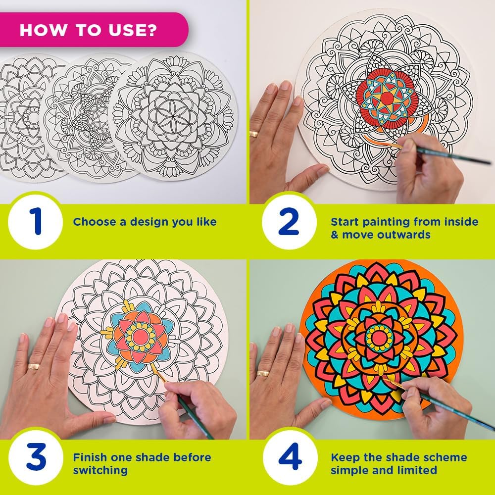 Fevicryl DIY Art of India Mandala Art kit | Acrylic Paints 6 Shades| Set of 2 Round Brushes | 3 Pre-Designed MDF Board | for Artists, Students, Children | Ideal for Festive Gifting