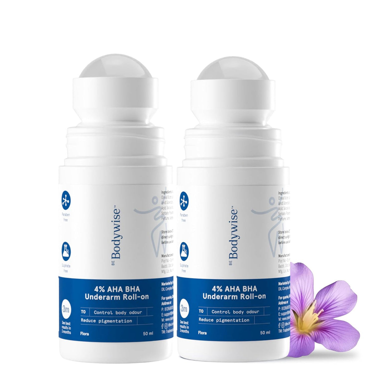 Be Bodywise 4% Underarm Roll on | 1% Salicylic Acid, 1% Mandelic Acid, 2% Lactic Acid | Reduces Underarm Pigmentation & Body Odor | Alcohol & Aluminum Free | For Normal to Dry Skin | 50 ml x 2