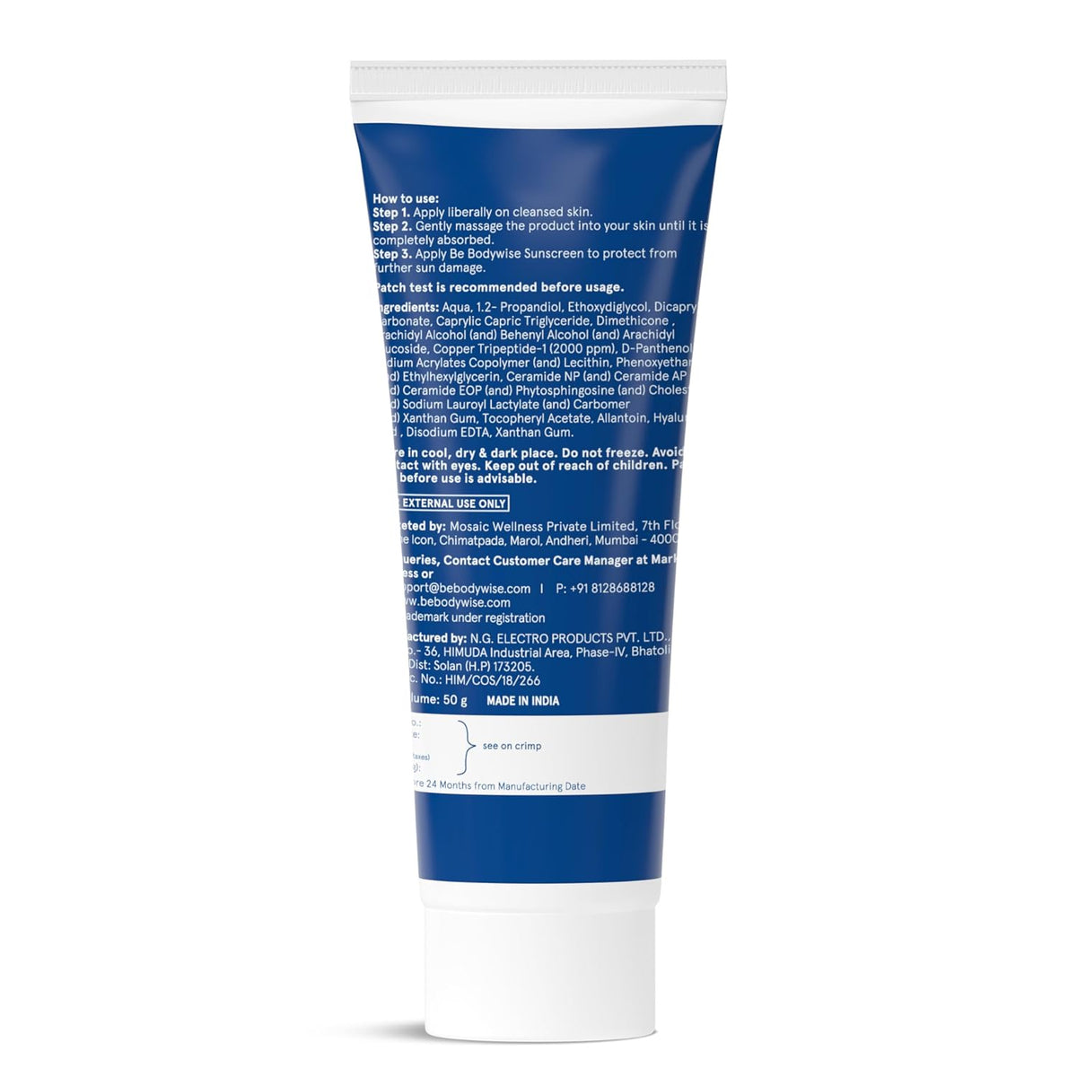 Be Bodywise 1% Peptide & Ceramide Moisturizer (50g) | Retains Moisture Upto 72 Hours | Strengthens Skin Barrier, Soothes Irritation & Redness | Lightweight, Fragrance Free Formula