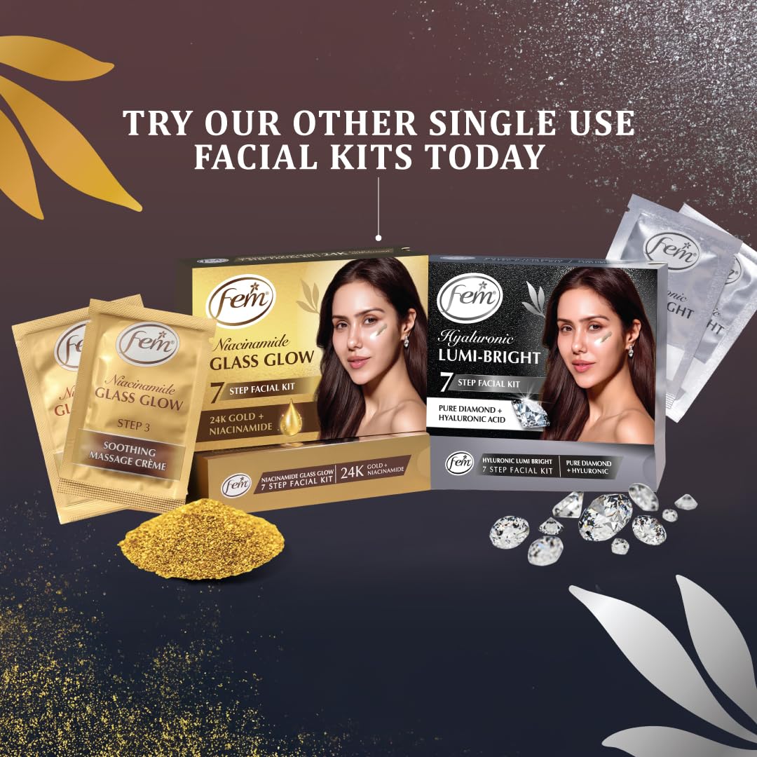 Dabur Fem Hyaluronic Lumi-Bright Facial Kit with Pure Diamond & Hyaluronic Acid – 35ml | Instantly Brightens & Hydrates | Reduces Dullness & Dark Spots | Gives Luminous, Smooth & Youthful Skin
