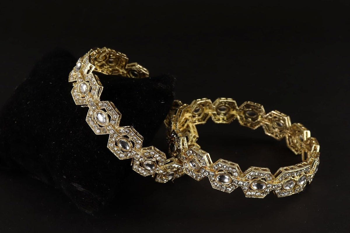 NMII Designer Gold Metal Bangles Set For Women & Girls Adorned with Zircon Diamonds | Premium Bridal Women's Bangles Kangan | Chuda Kada Golden For Wedding, Party, Occasion Jewellery- Set of 2 Bangle