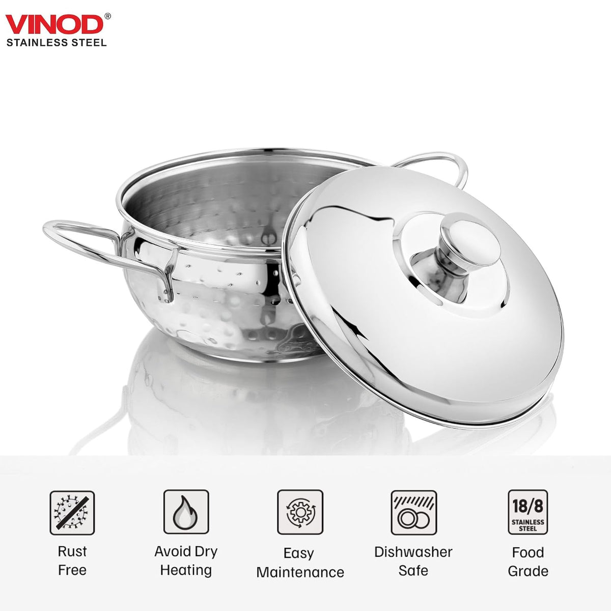 Vinod Stainless Steel Milano Hammered Serving Casserole with Steel Lid & Side Handle 1630 ml, 18 cm