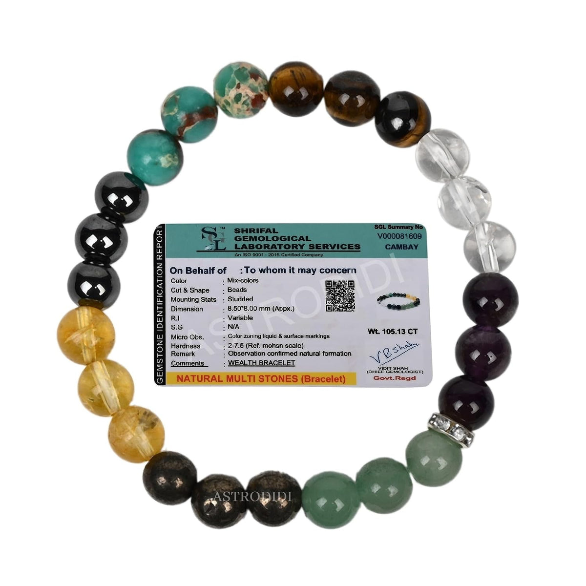 Astrodidi Money Wealth Stone Bracelet for Attracts Wealth & Financial Prosperity | Combination of Crystal Quartz, Tiger Eye, Hematite, Pyrite, Citrine, Green Aventurine and Turquoise Gemstone for Men & Women with Certificate