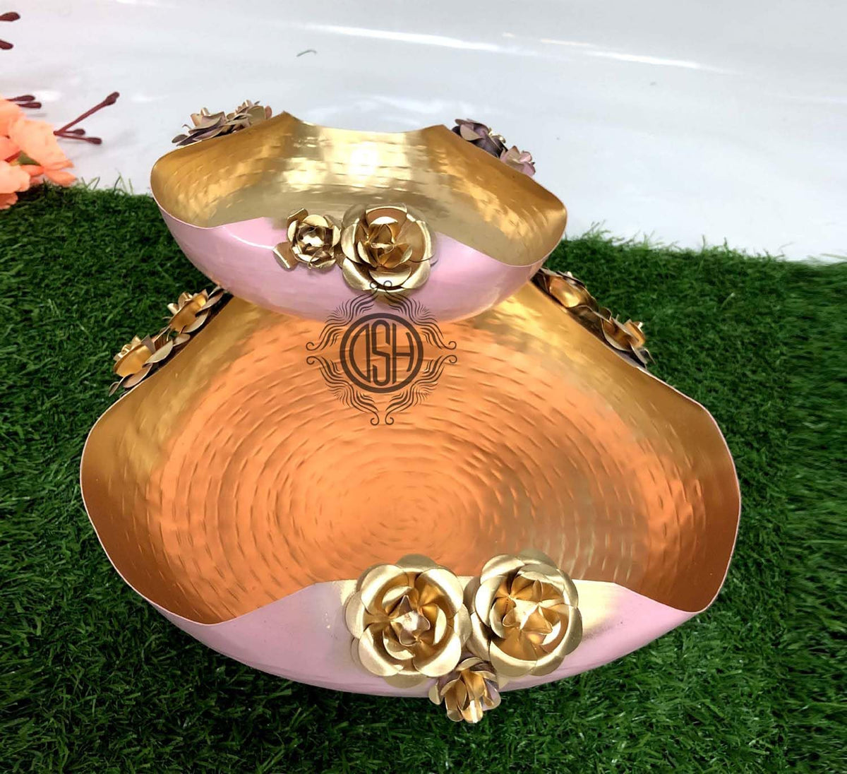 DSH Modern Urli Bowl for Floating Flowers and Candles Home, Designer Table Decor (Pink and Gold)- Set of 2