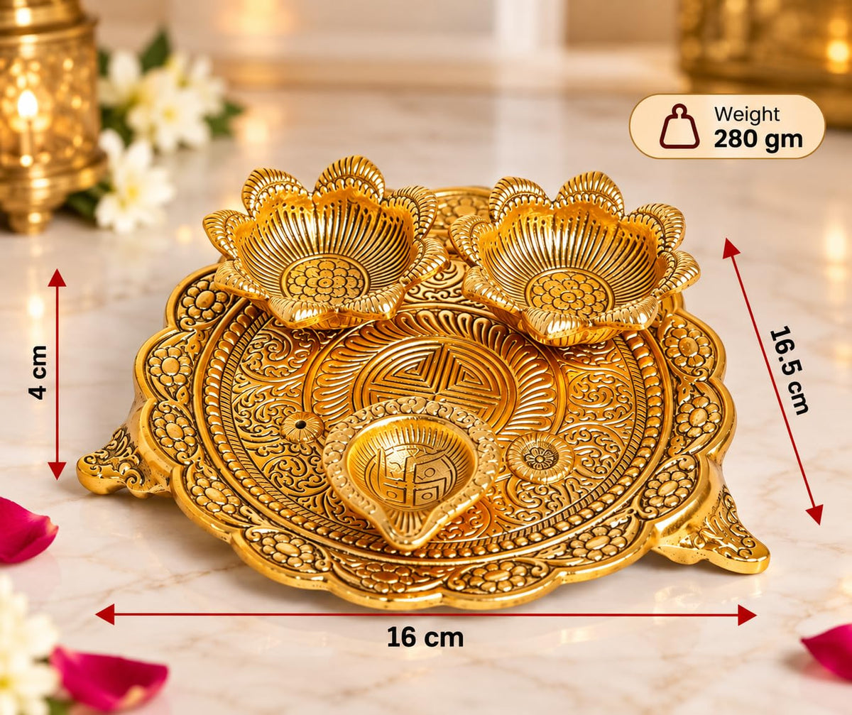 KridayKraft Metal Pooja Thali with Diya for Pooja Home/Temple/Mandir,Decorative Showpiece Pooja Thali Set for Diwali Poojan Wedding Gift Article