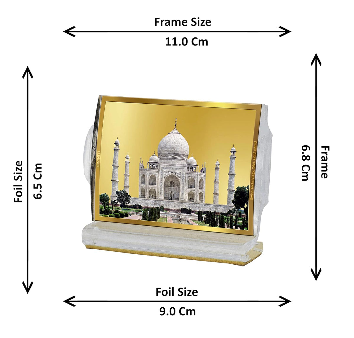 DIVINITI 24K Gold Plated Acrylic Taj Mahal Car Dashboard Idol Frame | Premium Spiritual Gifting Item for Divine Blessings & Positivity | Luxury Religious Decor for Car, Office & Home | 11 X 7 CM