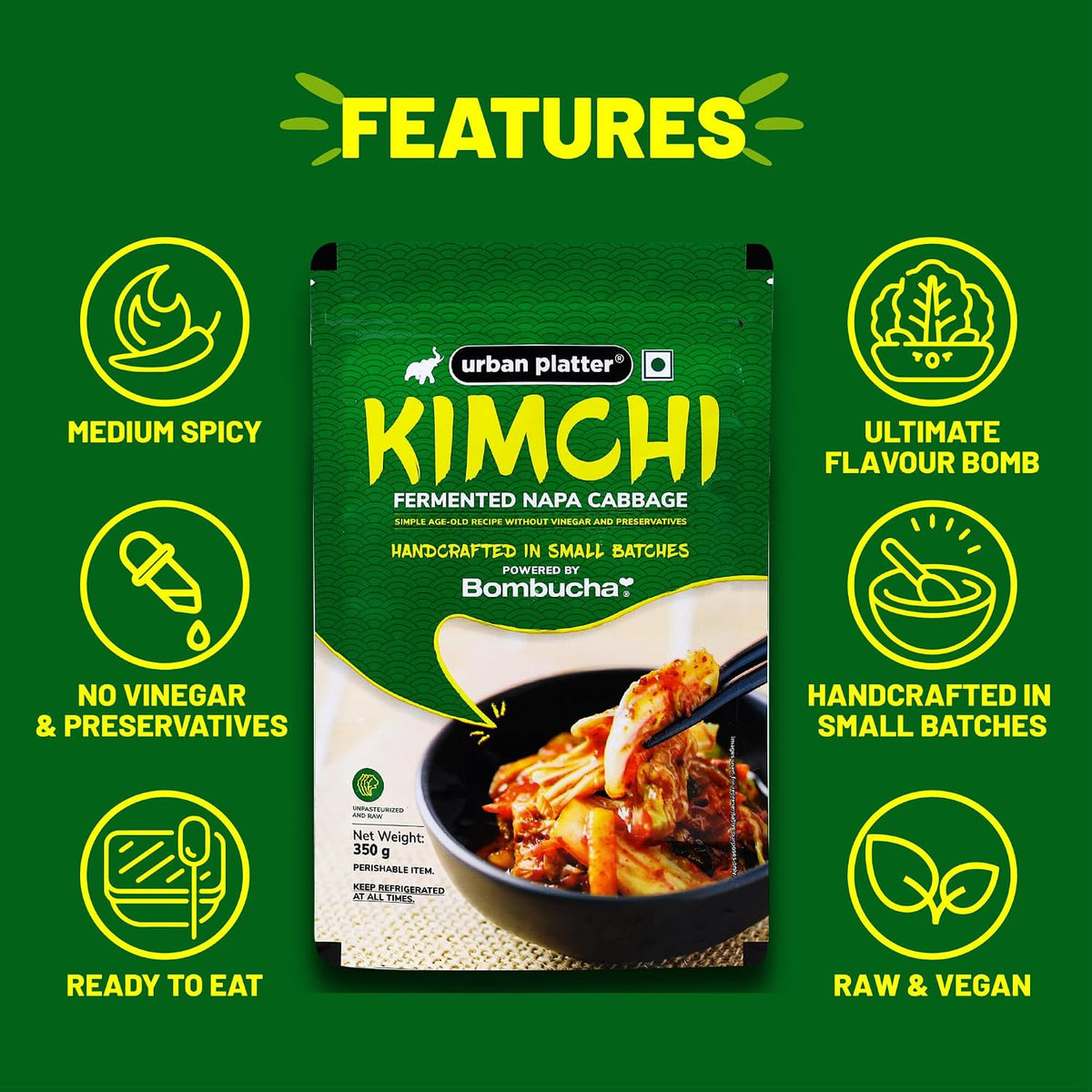 Urban Platter Korean Style Kimchi Fermented Nappa Cabbage, 350g [Raw,Powered by Bombucha]