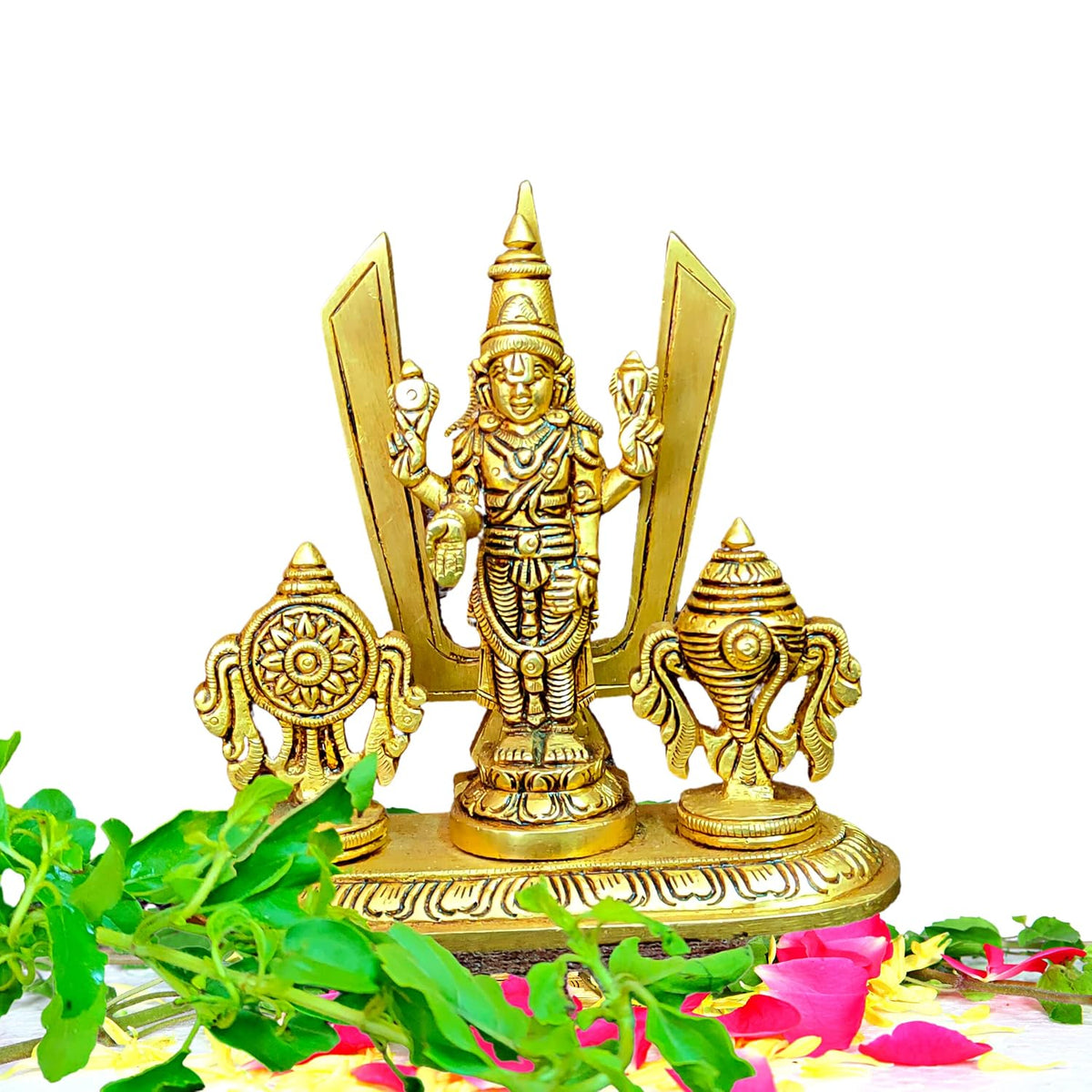 Aalayam Selveer Brass Shankh Chakra Stand with Perumal Idol | Sangu Chakram Stand with Tirupati Balaji Idol Brass 12.5cm Height Gold Colour 1 Piece