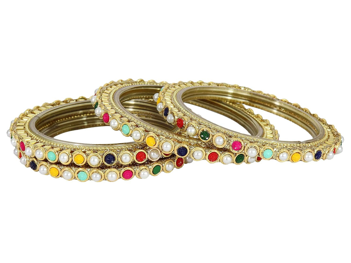 NMII Glass Golden Zircon Gemstone & Colorful Beads Studded Bangles Kada Set For Women & Girls | Traditional Stylish Kangan | Bangles For Women Glass | Wedding, Party, Occasion Wear Bangle- Set of 4