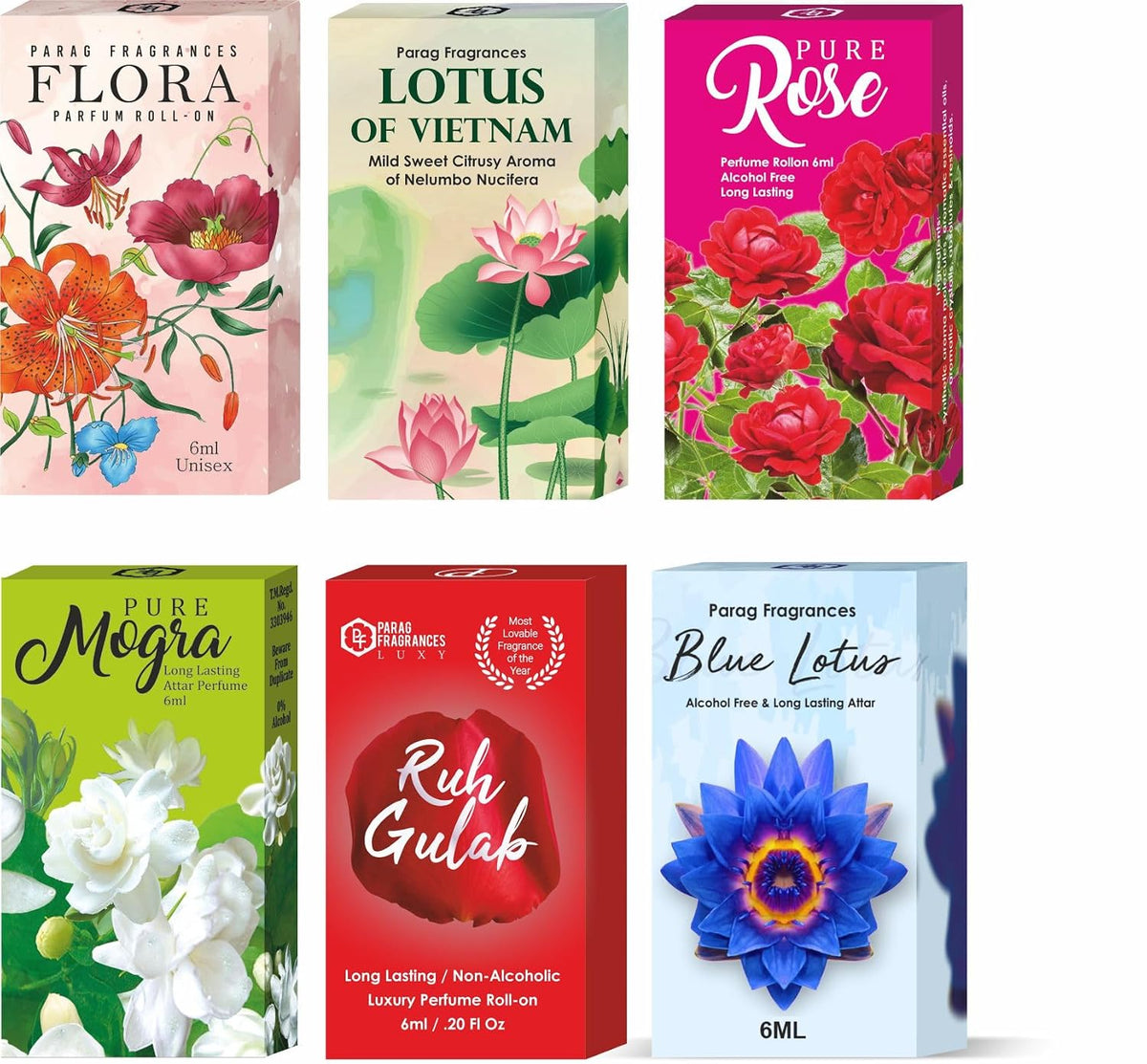 Parag Fragrances Top 6 Flowers Attar Combo Pack of 6ml × 6pc (Ruh Gulab,Lotus of Vietnam,Pure Mogra,Blue Lotus,Flora,Pure Rose)