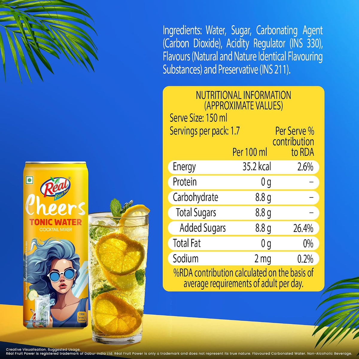 Dabur Real Cheers Tonic Water - 250ml | Premium Cocktail Mixer | Crisp, Refreshing and balanced taste | Perfect for Home Bars, Parties & Gifting | Best mixer for Cocktails & Mocktails