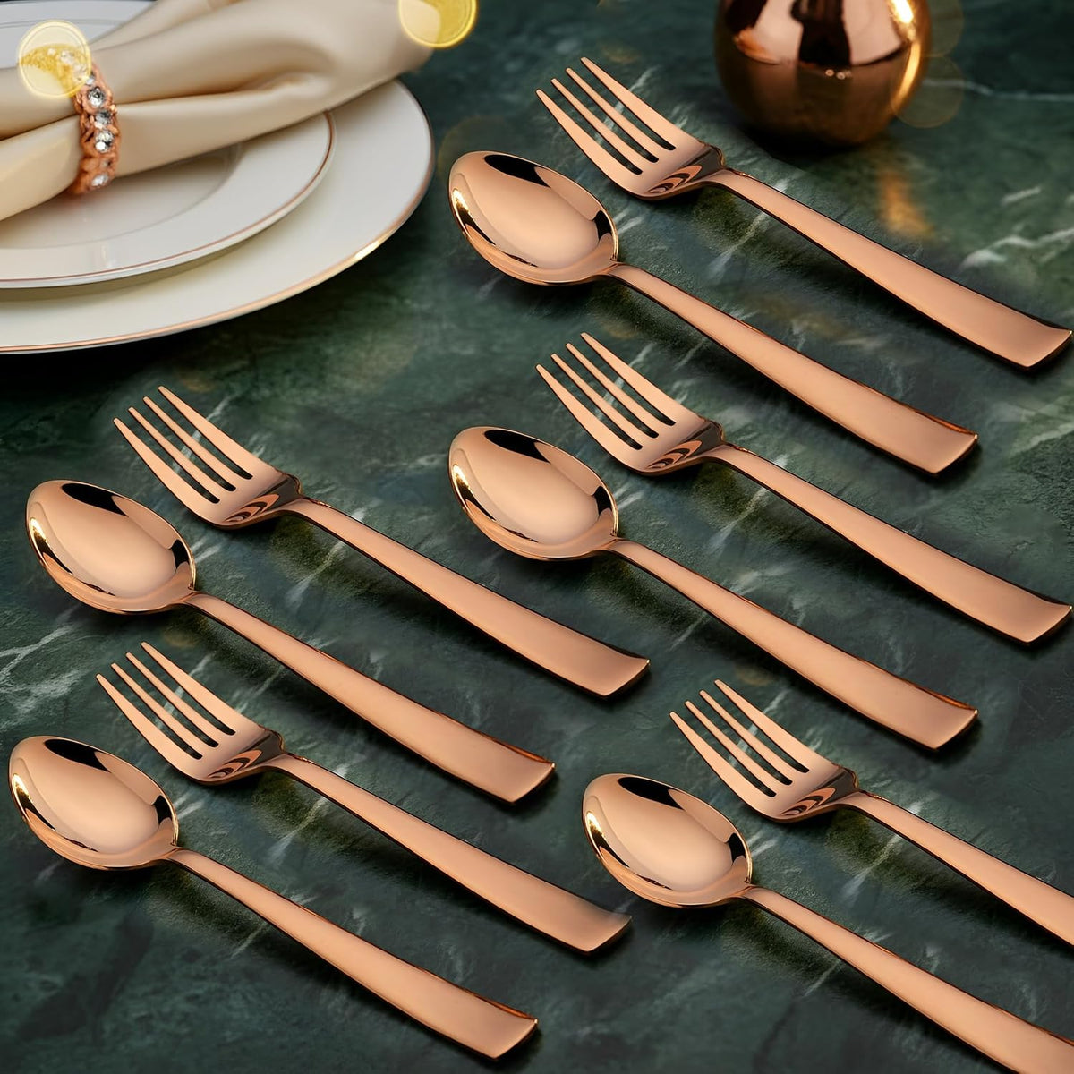 Parage 12 Pieces Stainless Steel Rose Gold Cutlery Set, 16 cm Each, Premium Spoon & Fork Set for Home & Kitchen, PVD Rose Gold Flatware, Elegant Dining (6 Dinner Spoons & 6 Dinner Forks)