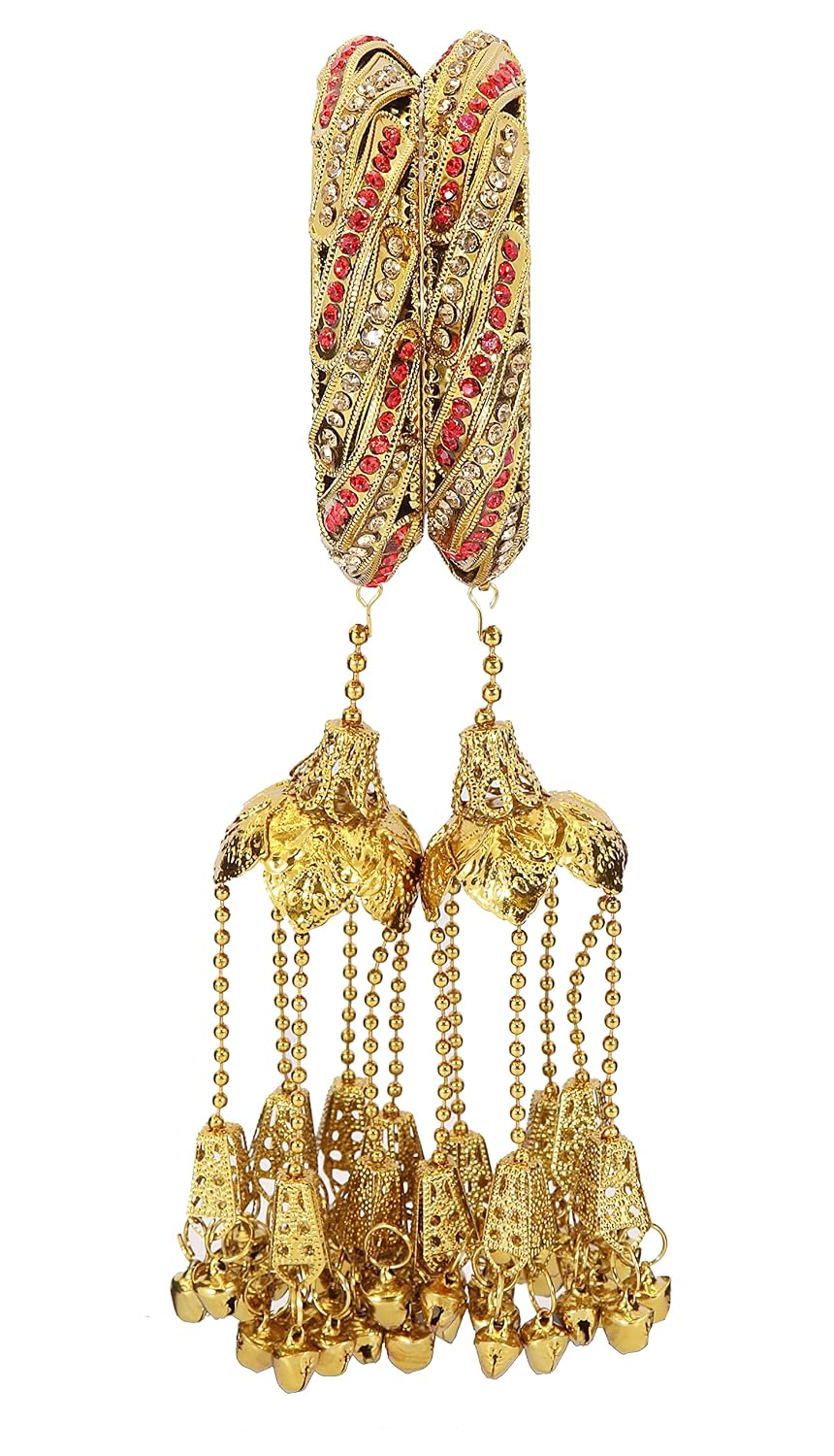 NMII Non-Precious Metal Base Metal with Zircon Gemstone Or Leaf Shaped Beads and Flower Shaped Glossy Finished Kada Set For Women and Girls