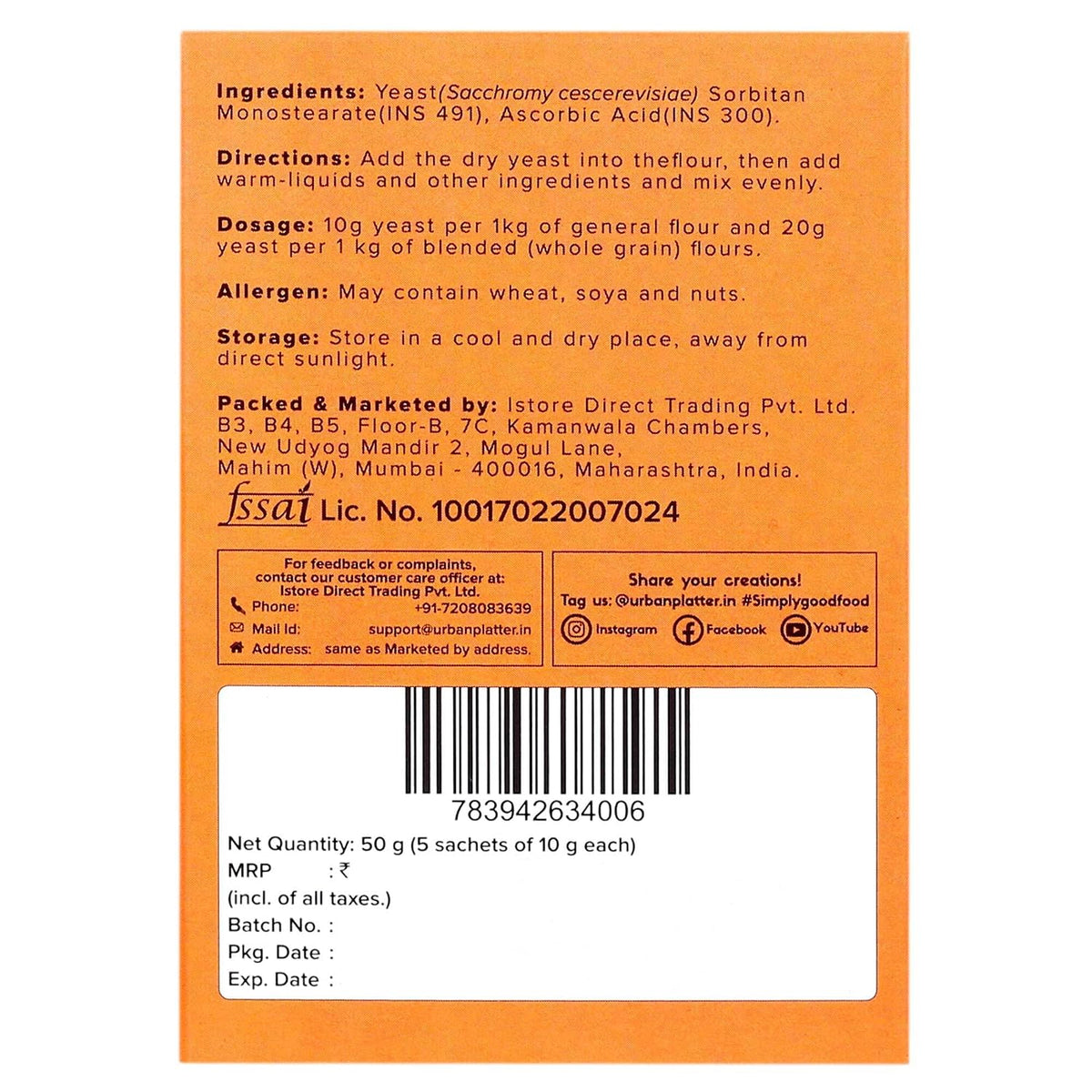 Urban Platter Baker's Active Dry Yeast, 50g (5 Sachets of 10g each)