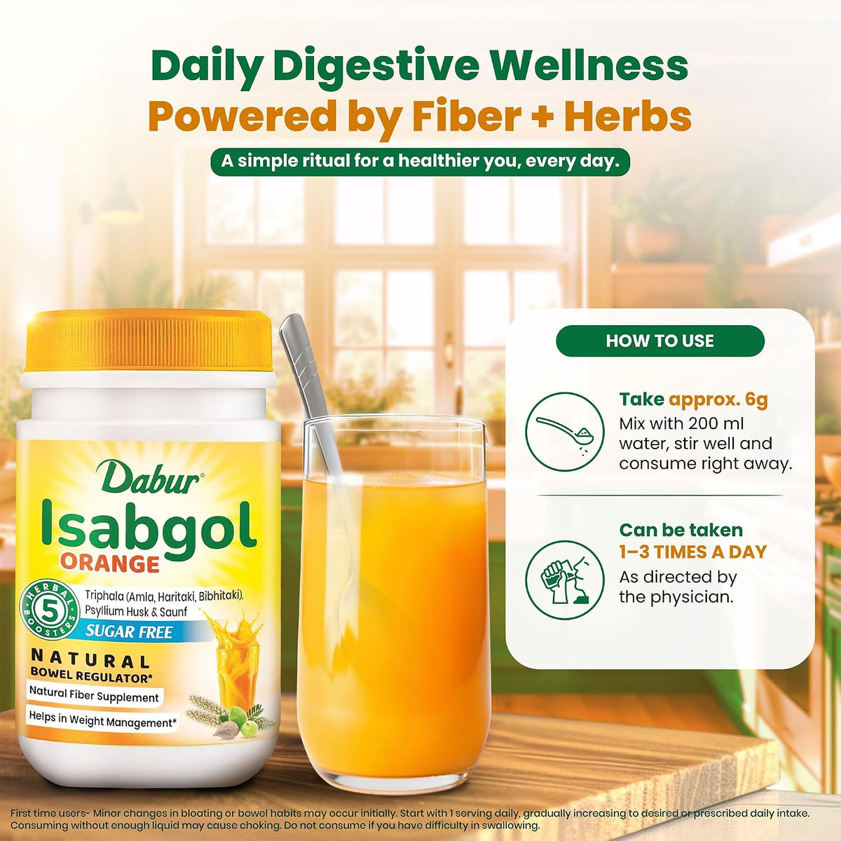 Dabur Orange Flavoured Isabgol with the Power of 5 Herbal Boosters — including Triphala, Saunf & Psyllium Husk — for Daily Bowel Regularity.