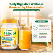 Dabur Orange Flavoured Isabgol with the Power of 5 Herbal Boosters — including Triphala, Saunf & Psyllium Husk — for Daily Bowel Regularity.