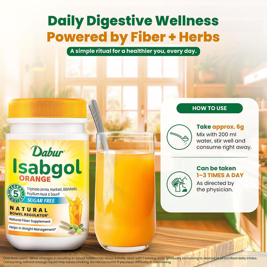 Dabur Orange Flavoured Isabgol with the Power of 5 Herbal Boosters — including Triphala, Saunf & Psyllium Husk — for Daily Bowel Regularity.