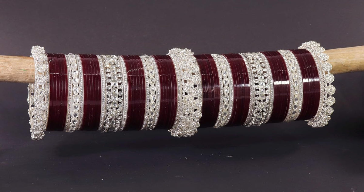NMII Premium Metal Bangles Silver Chuda Set For Bridal Women & Girls with Zircon Diamond & Kundan Beads | Designer AD Chuda | Bridal Bangles Chooda Set For Wedding, Party, Occasion-Set of 74
