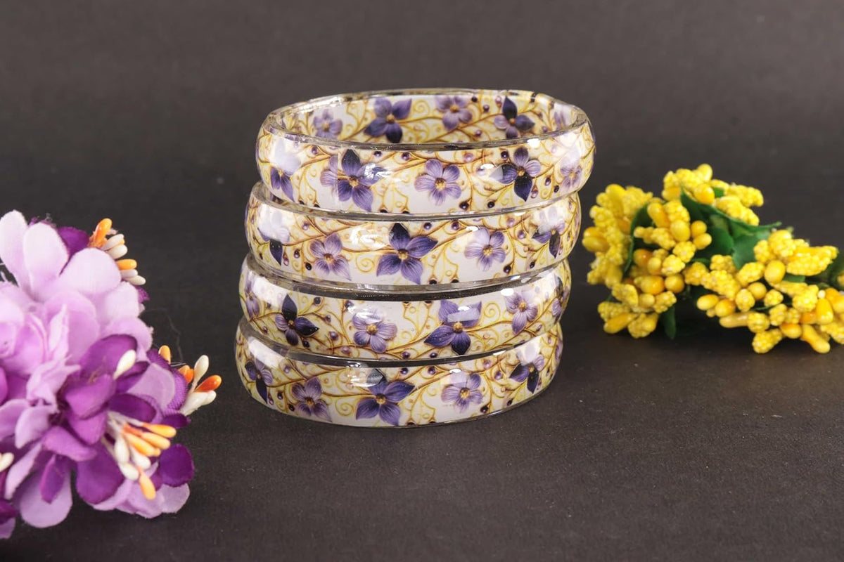 NMII Glass Kada Set For Women & Girls Studded With Beads & Flower Printed Glossy Finished | Stylish Kada For Gift, Wedding & Daily Use