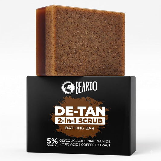 Beardo De-Tan 2-in-1 Scrub Bathing Bar for Men,75g | Dual Action Cleansing & Exfoliation | Niacinamide, Kojic Acid, Glycolic Acid & Coffee Extracts | Helps Remove Tan, Dirt & Dead Skin