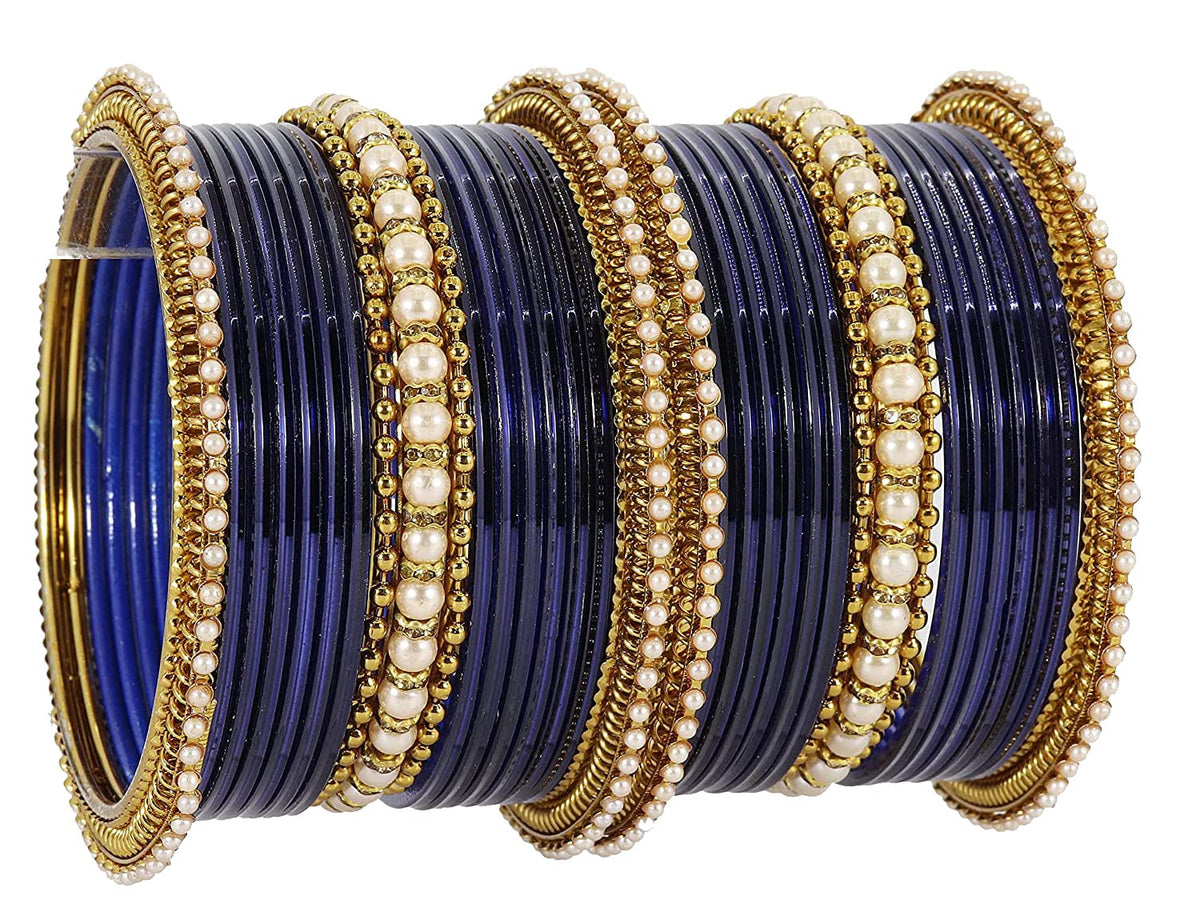 NMII Non-Precious Metal Base Metal Studded with Pearl or Zircon Gemstone and Linked with Ball Chain Glossy Finished Bangle Set For Women and Girls
