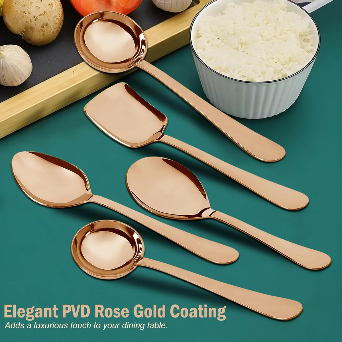 Parage 5 Pieces Stainless Steel Serving Spoons Set of 5 for Dining Table/Kitchen, 1.8 mm Heavy Gauge (2 Soup Ladle/Karchi, 1 Deep Turner, 1 Solid Spoon (Chamcha), 1 Rice Spoon (Steel Rose, Pack of 5)