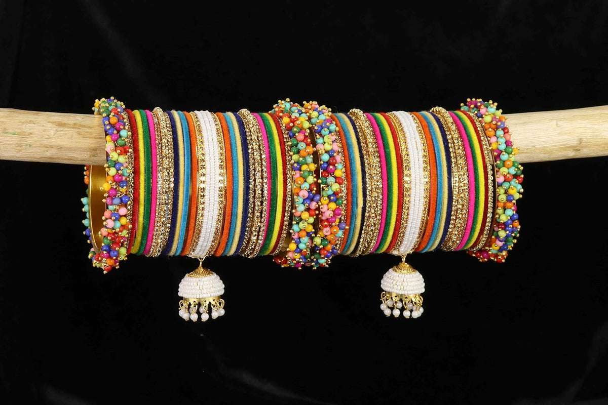 NMII Traditional Metal Velvet Bangles With Pearls & Zircon Stone Latkan Chuda Set for Bridal Women & Girls | Premium Set With Latkan for Wedding, Party, Festive, Occasion Wear - Set of 54