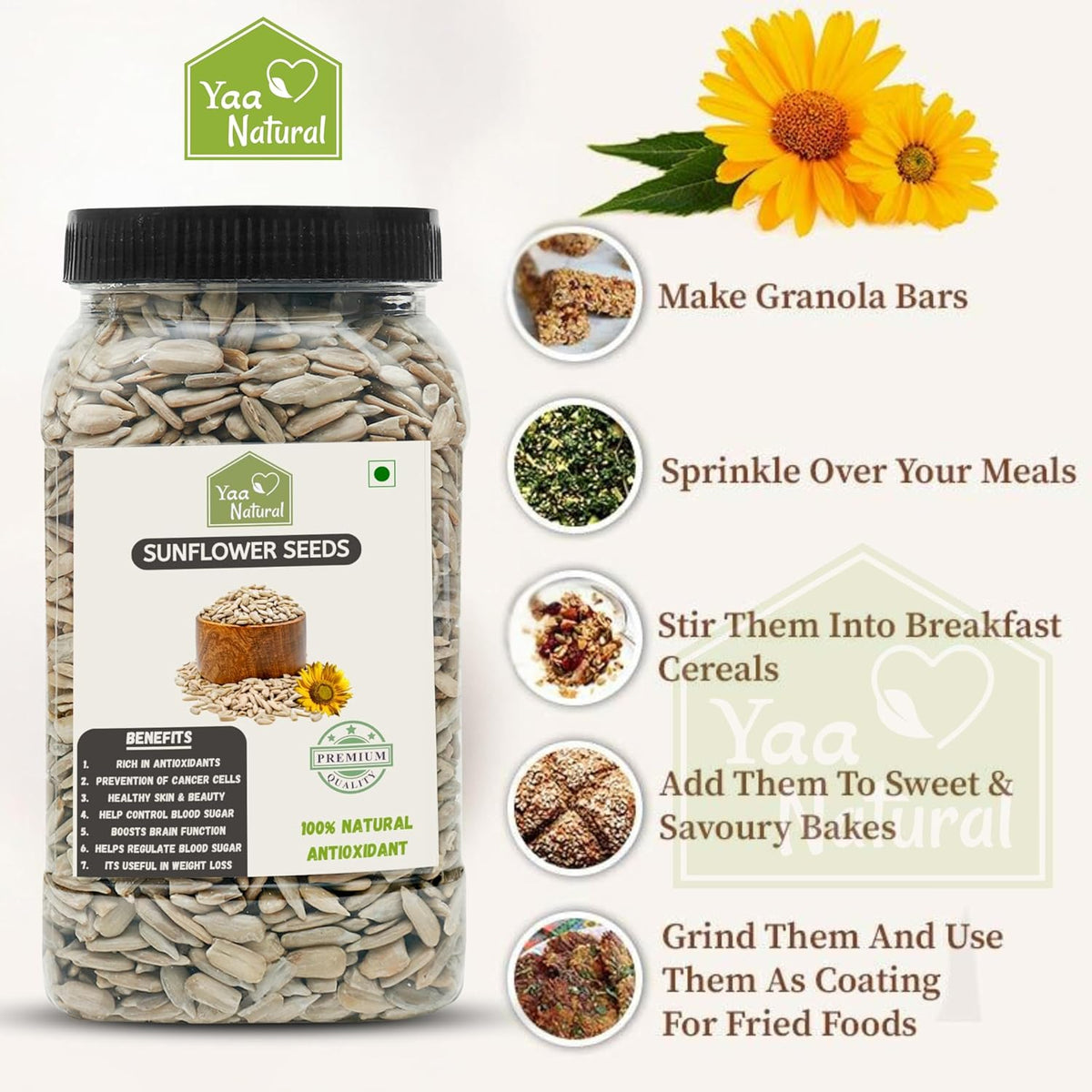 Yaa Natural Raw Pumpkin & Sunflower & FlaxSeeds - AAA Grade Seeds for Eating Source of Antioxidants Zinc & Iron & Dietary Fibre | Rich in Protein (
