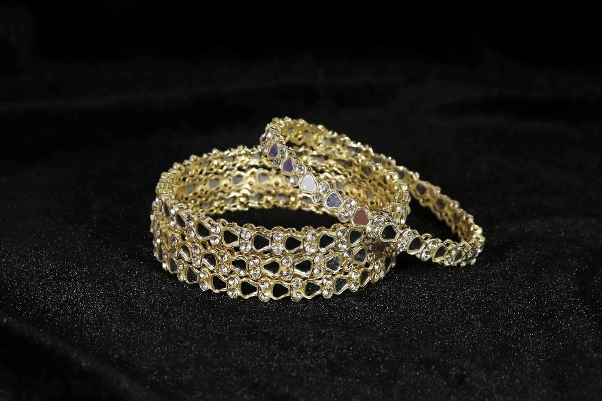 NMII Golden Metal with American Diamond & Mirror Work Bangles Set For Women & Girls | Kundan Mirror Bangles | Gold Plated Bangles | Women's Bangles Bracelet | Diamond Fashion Jewellery-Set of 4