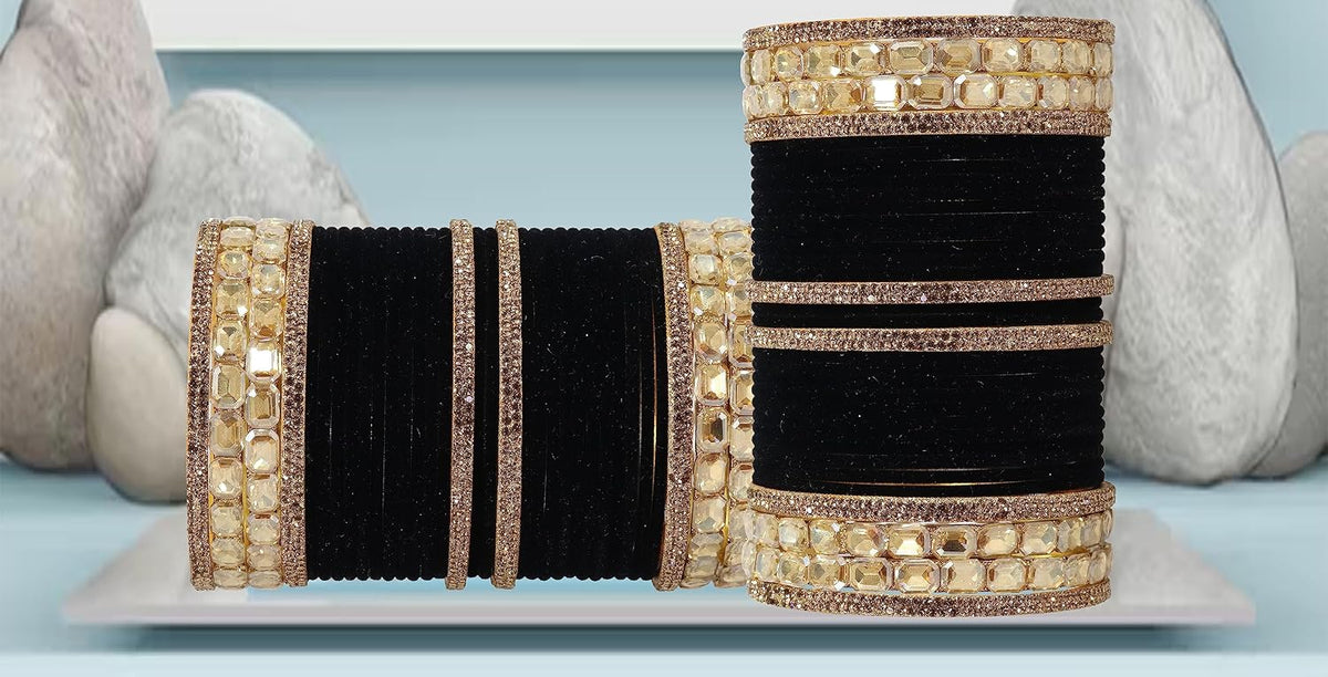 NMII Metal with Zircon Gemstone and Velvet Adorned Bangles Set For Girls and Women I Traditional Bangle Set, Wedding Bangle Set I Pack of 68 Bangles