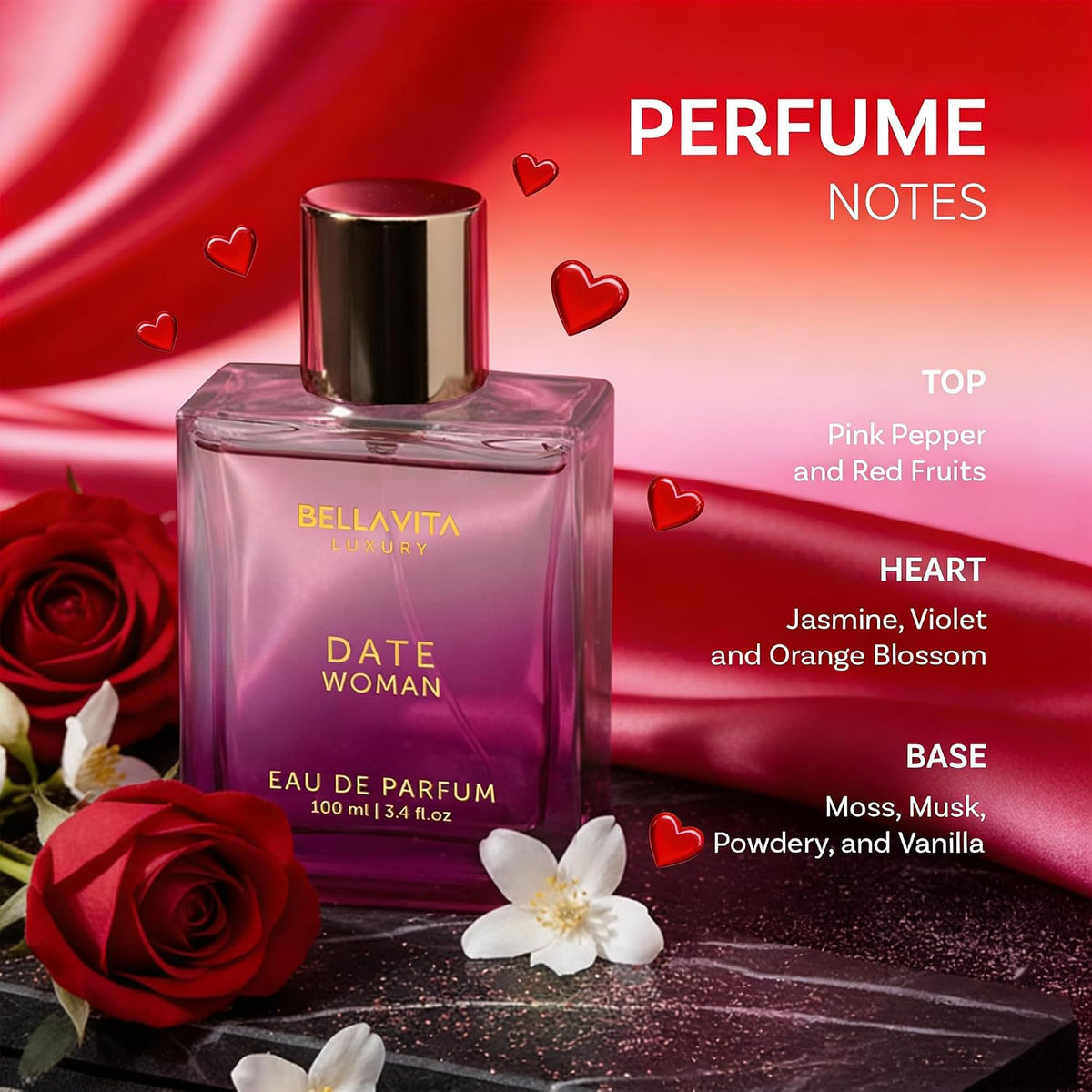 Bella Vita Luxury Date Woman Eau De Parfum Liquid Perfume With Pink Pepper, Jasmine & Vanilla, Premium Long Lasting Floral & Fruity Fragrance For Women, 100ml (Pack Of 2)