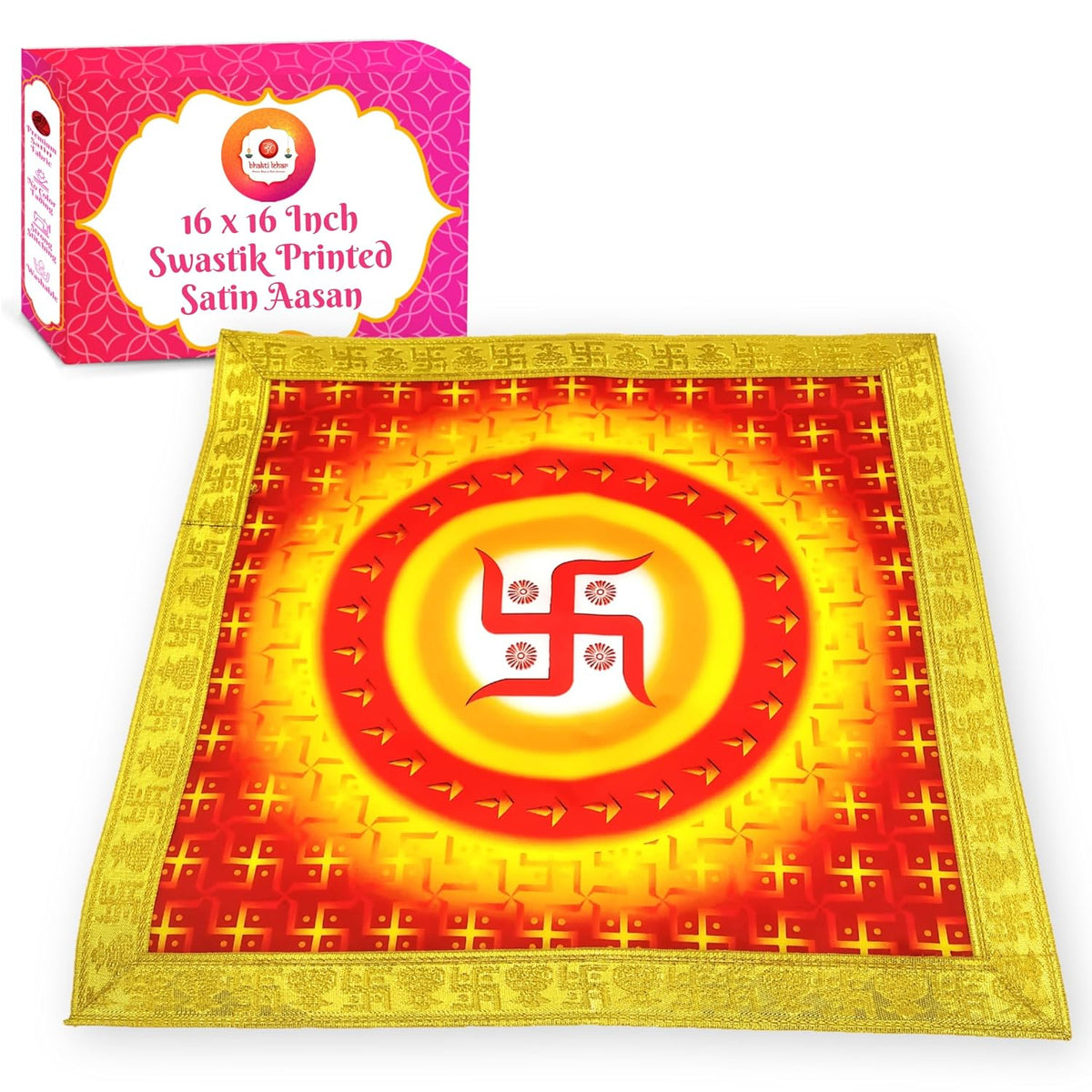 Bhakti Lehar Printed Silk Satin God Chowki Aasan Cloth for Puja (Size: 16" x 16" Inch) | Pooja Assan Kapda | Satin Altar Cloth Mat for Puja Mandir, Temple and Decoration (Set of 1)