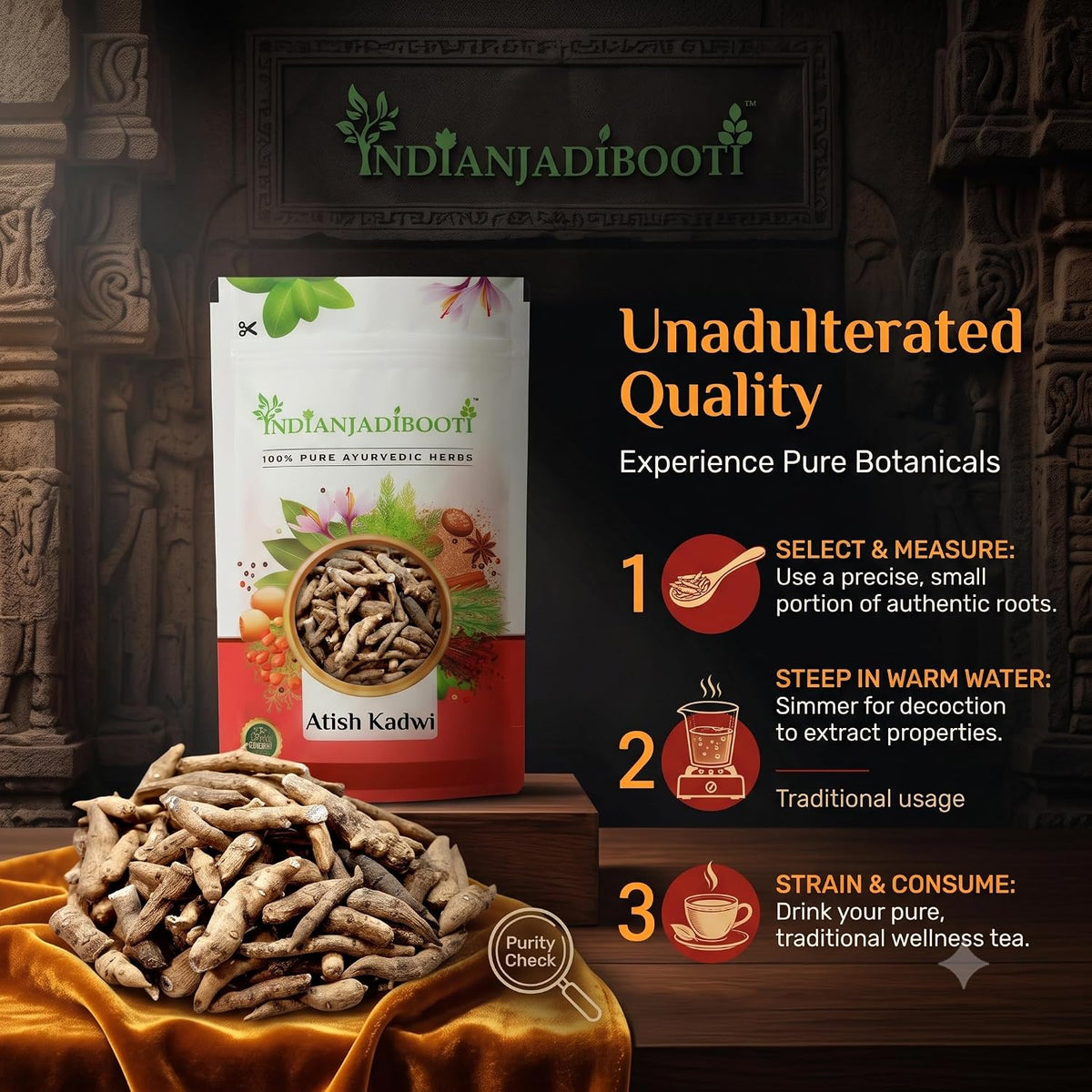 IndianJadiBooti Atish Kadwi (Ativisha Root) | 30g | Premium Aconitum Heterophyllum | Patis/Atees/Shukla Kand | Traditional Bitter Tonic for Digestion & Metabolism (Raw Herb)