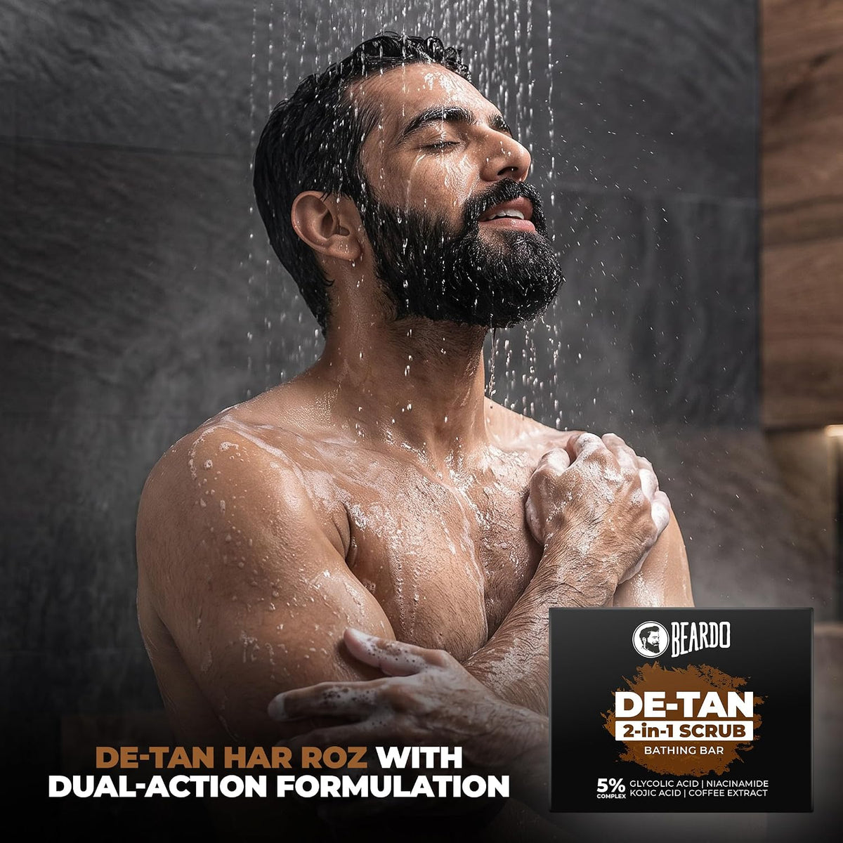 Beardo De-Tan 2-in-1 Scrub Bathing Bar for Men,75g | Dual Action Cleansing & Exfoliation | Niacinamide, Kojic Acid, Glycolic Acid & Coffee Extracts | Helps Remove Tan, Dirt & Dead Skin