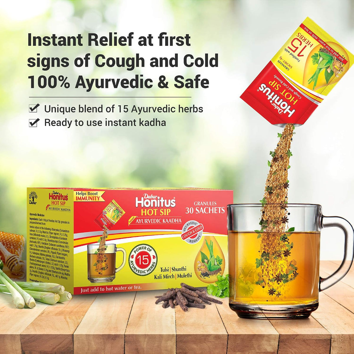 Dabur Honitus Hot Sip: 100% Ayurvedic Kadha | Provides Instant Relief from Cough and Cold (4gm*Pack of 30 Sachets)