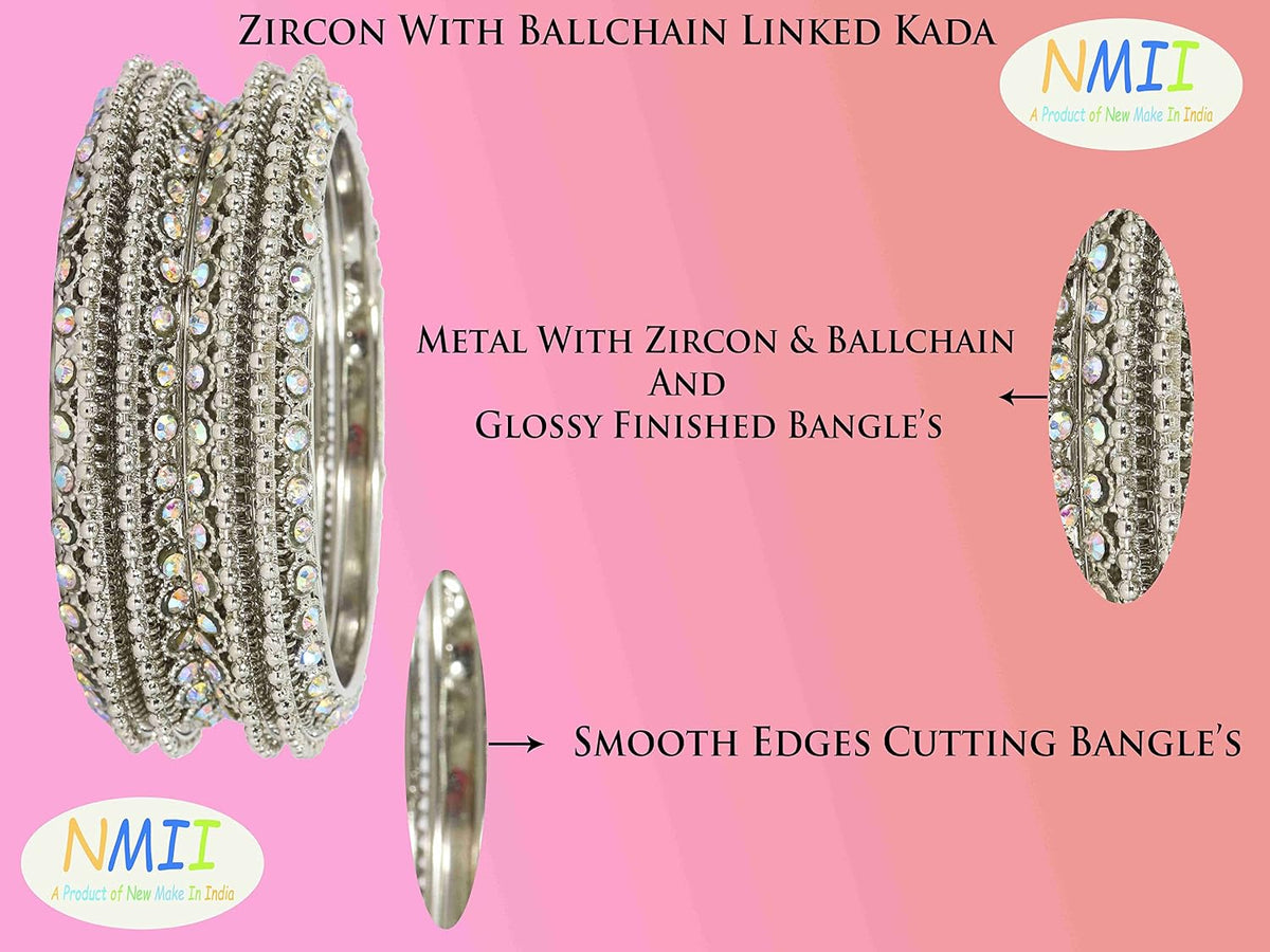 NMII Non-Precious Metal Base Metal with Zircon Gemstone Studded worked and Link with Ball Chain Glossy Finished Kada Set For Women and Girls