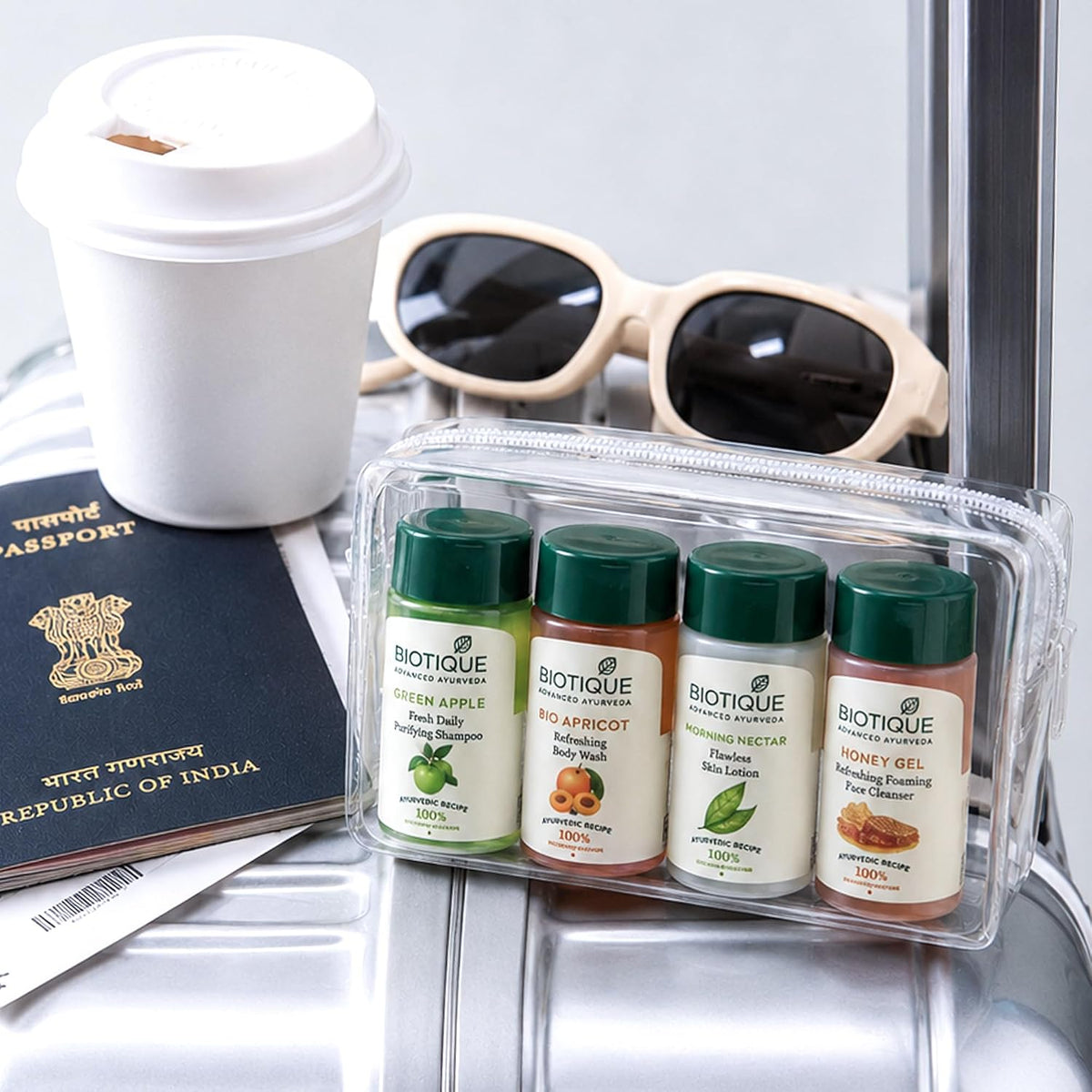 Biotique Travel Kit | Includes Green Apple, Bio Apricot, Morning Nectar & Honey Gel | Mini Skincare & Haircare Essentials for Travel | Enriched with 100% Botanical Extracts
