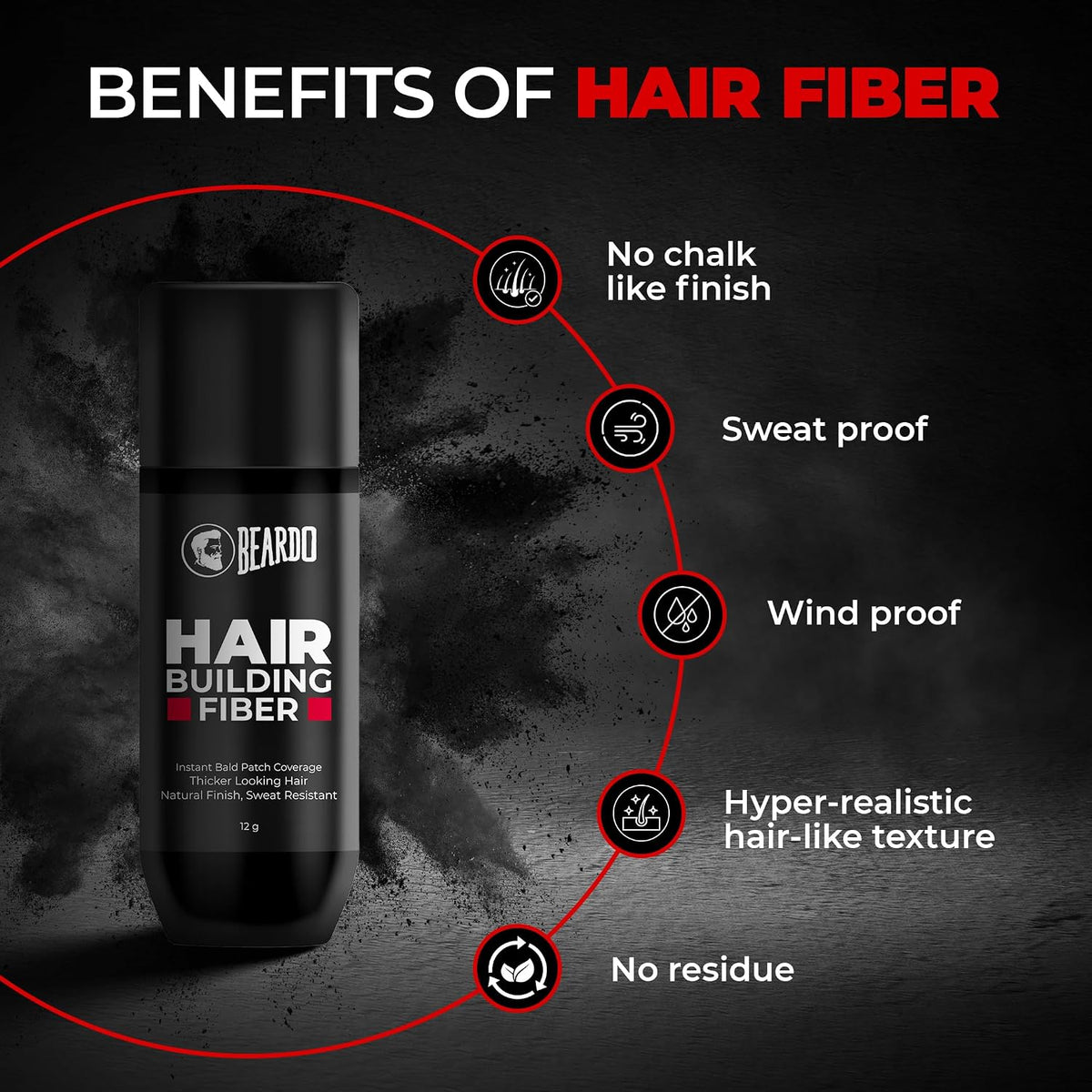 Beardo Hair Building Fiber for Men (12g) | Instant Hair Thickening & Bald Spot Coverage | Natural Salts & Iron Oxides | Sweat, Wind & Rain Resistant | Hyper-realistic hair-like texture | Black