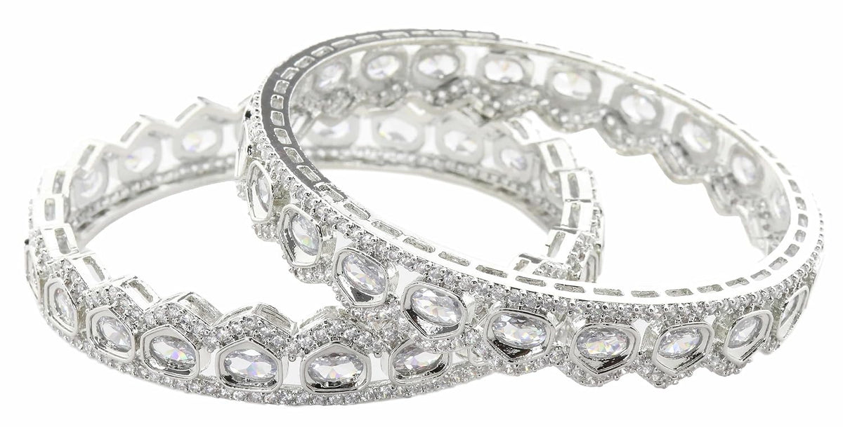 NMII Alloy Metal American Diamond Bangles Bracelet Jewellery Set For Women & Girls | Oval Shaped Cubic Zirconia Bangle | Premium Bridal Kada For Wedding, Party, Spaecial Occasion- Set of 2 Bangles