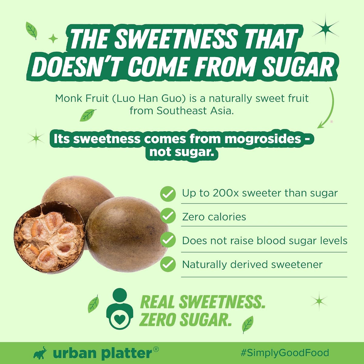 Urban Platter Monk Fruit Sweetener, 200g (Zero Calorie, Keto & Diabetic-Friendly, 1:1 Sugar Replacement, No Aftertaste, Monk Fruit + Erythritol Blend)
