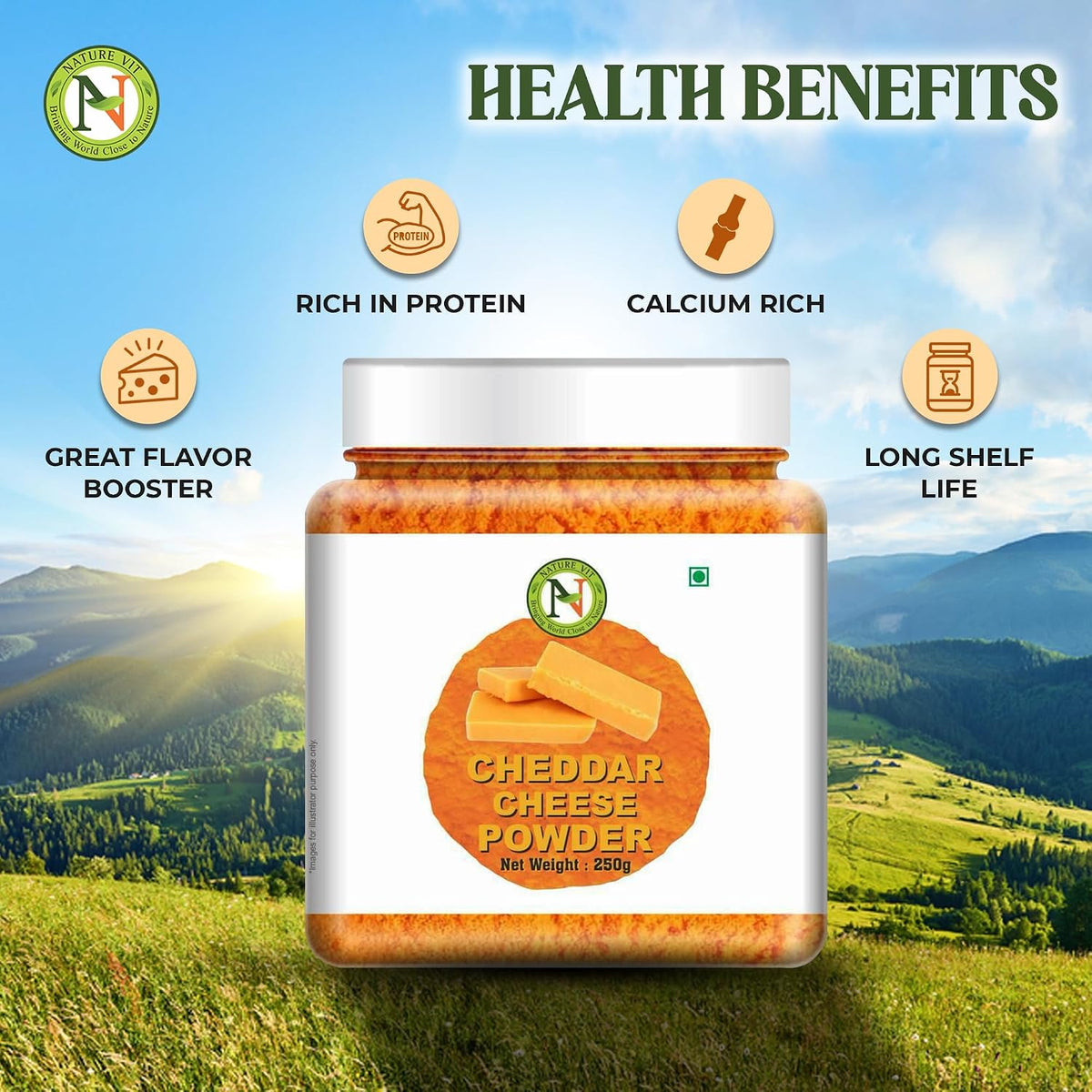 NatureVit Cheddar Cheese Powder, 250g | Cheddar Cheese Powder For Popcorn | Pizza Masala Powder | French Fries & Pasta Masala | Vegan Cheese Powder | Cheese Powder For Makhana