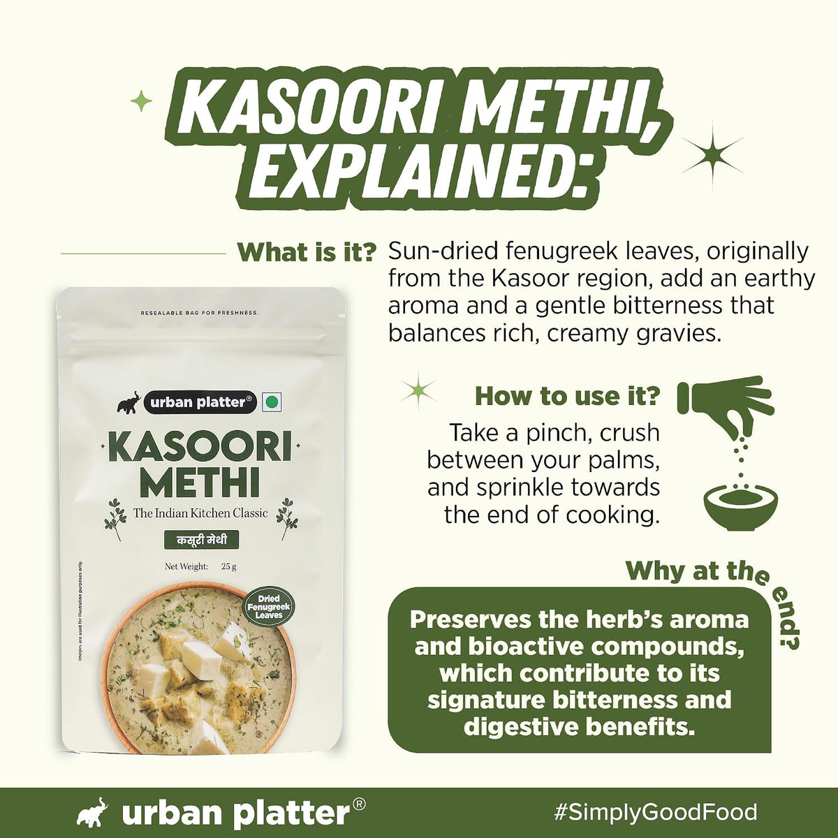 Urban Platter Kasuri Methi, 25g (Dried Fenugreek Leaves, Authentic Indian Herb, Finishing Spice for Curries & Dals)