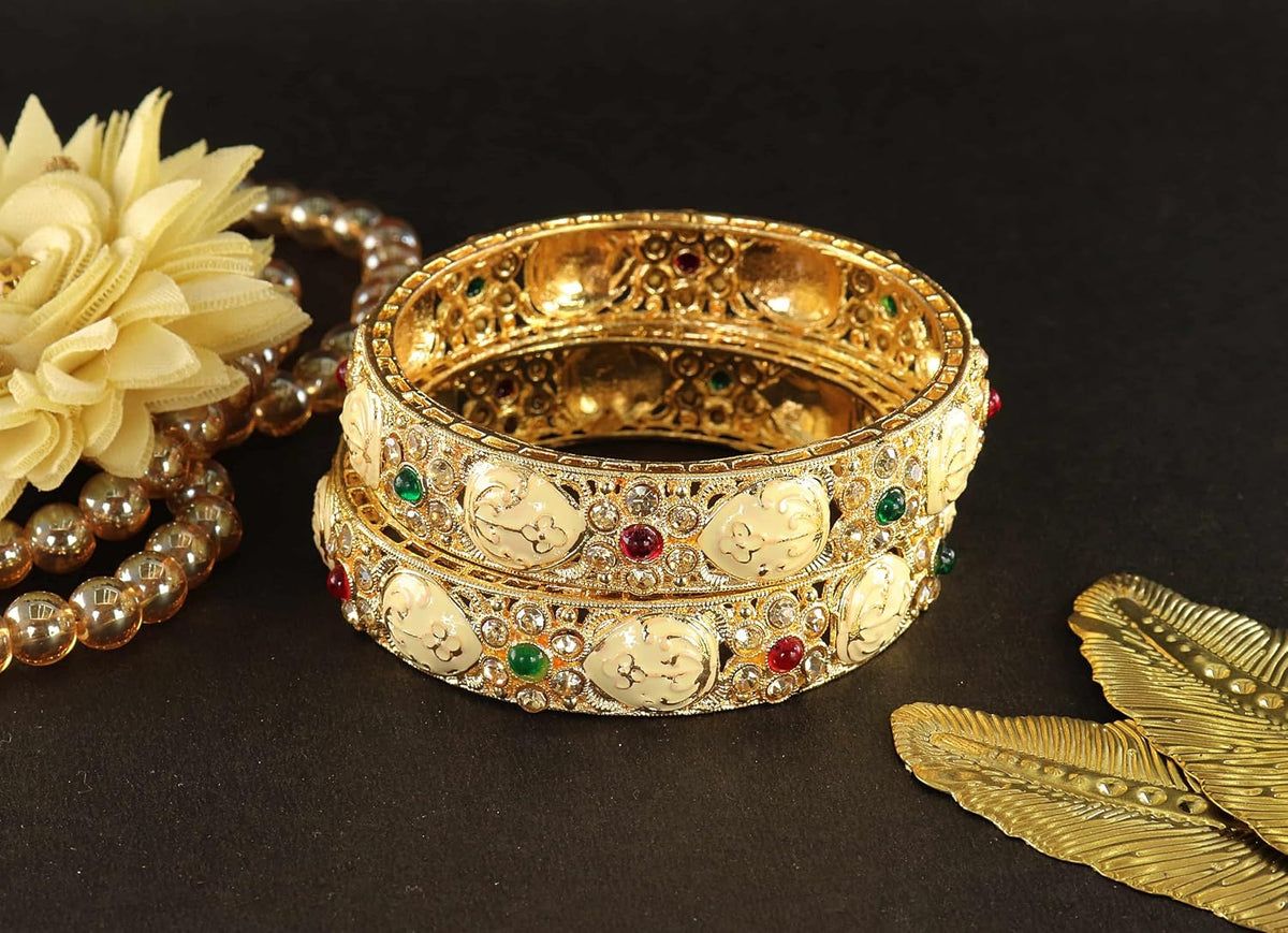 NMII Traditional Gold Plated Metal Bangles Kada Set For Women & Girls With Zircon Diamond Stone | Women's Bangles | Premium Kada Set For Wedding, Party, Occasions Fashion Jewelry - Set Of 2