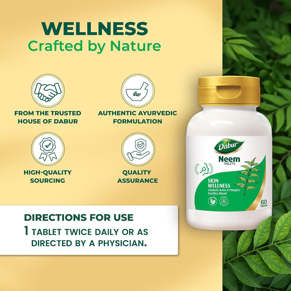 Dabur Pure Herbs Neem Tablets | 100% Ayurvedic Health Booster | For Skin Health & Wellness | Controls Acne & Detoxifies Skin